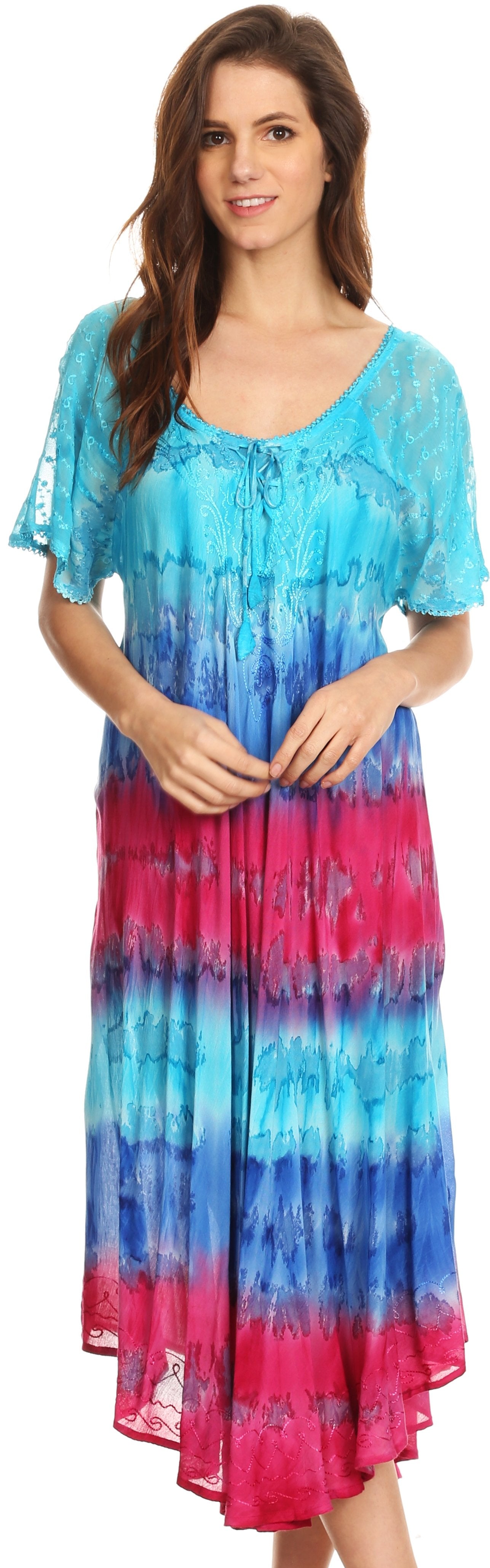 Sakkas - Sula Long Laced Tie-Dye Wide Neck Embroidered Boho Sundress Cover Up