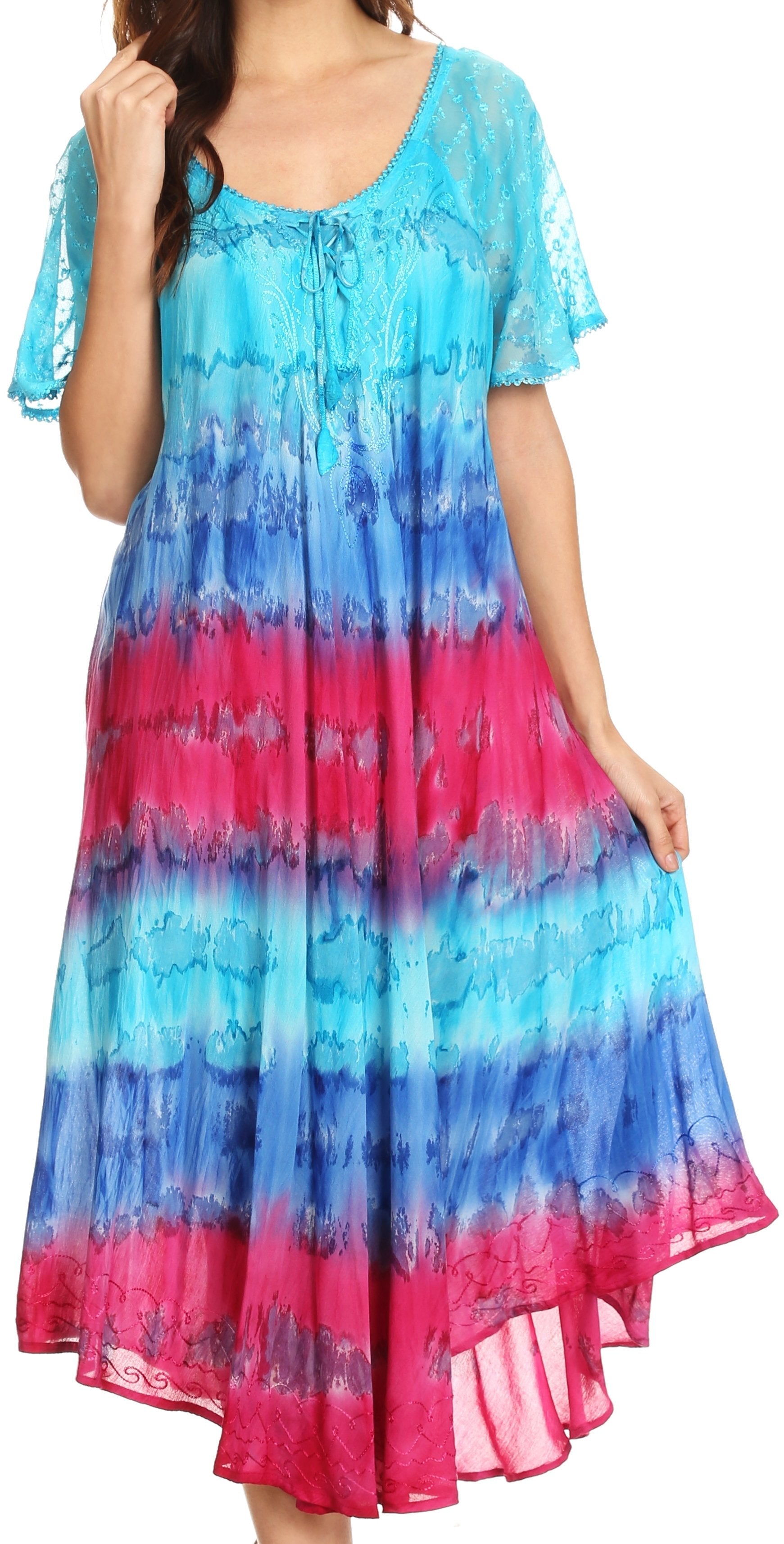 Sakkas - Sula Long Laced Tie-Dye Wide Neck Embroidered Boho Sundress Cover Up