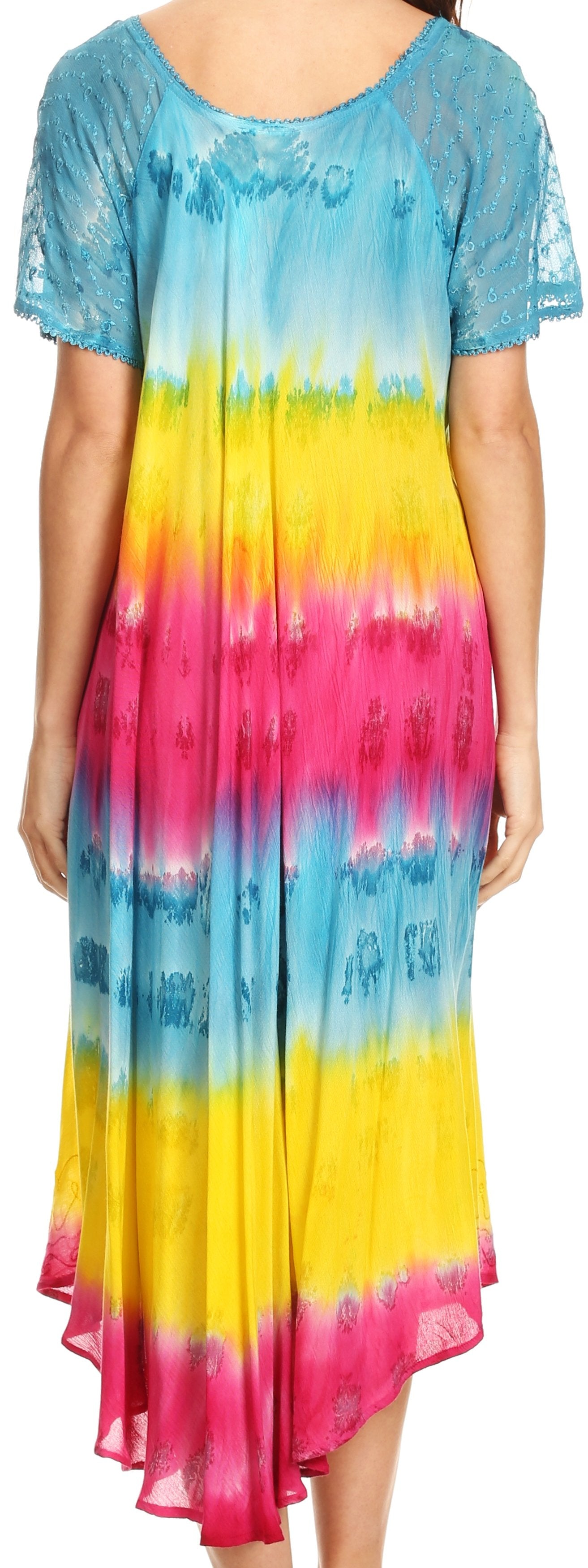 Sakkas - Sula Long Laced Tie-Dye Wide Neck Embroidered Boho Sundress Cover Up