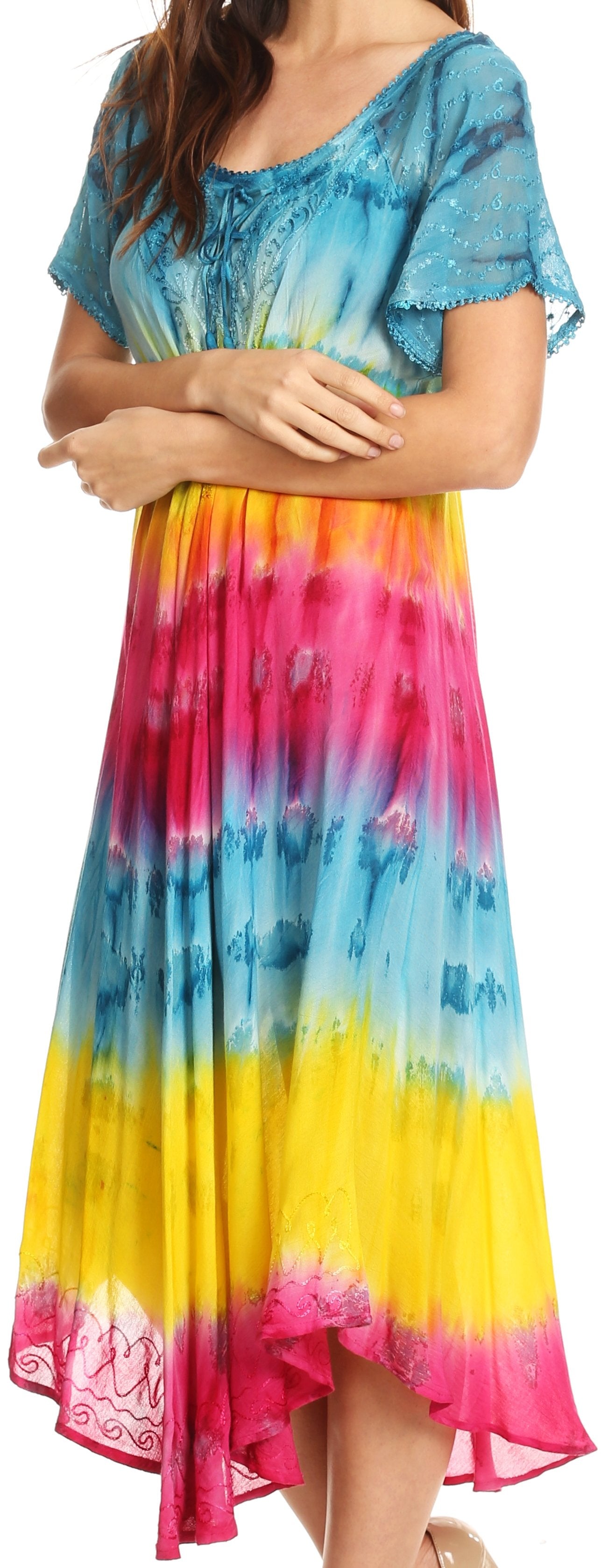 Sakkas - Sula Long Laced Tie-Dye Wide Neck Embroidered Boho Sundress Cover Up