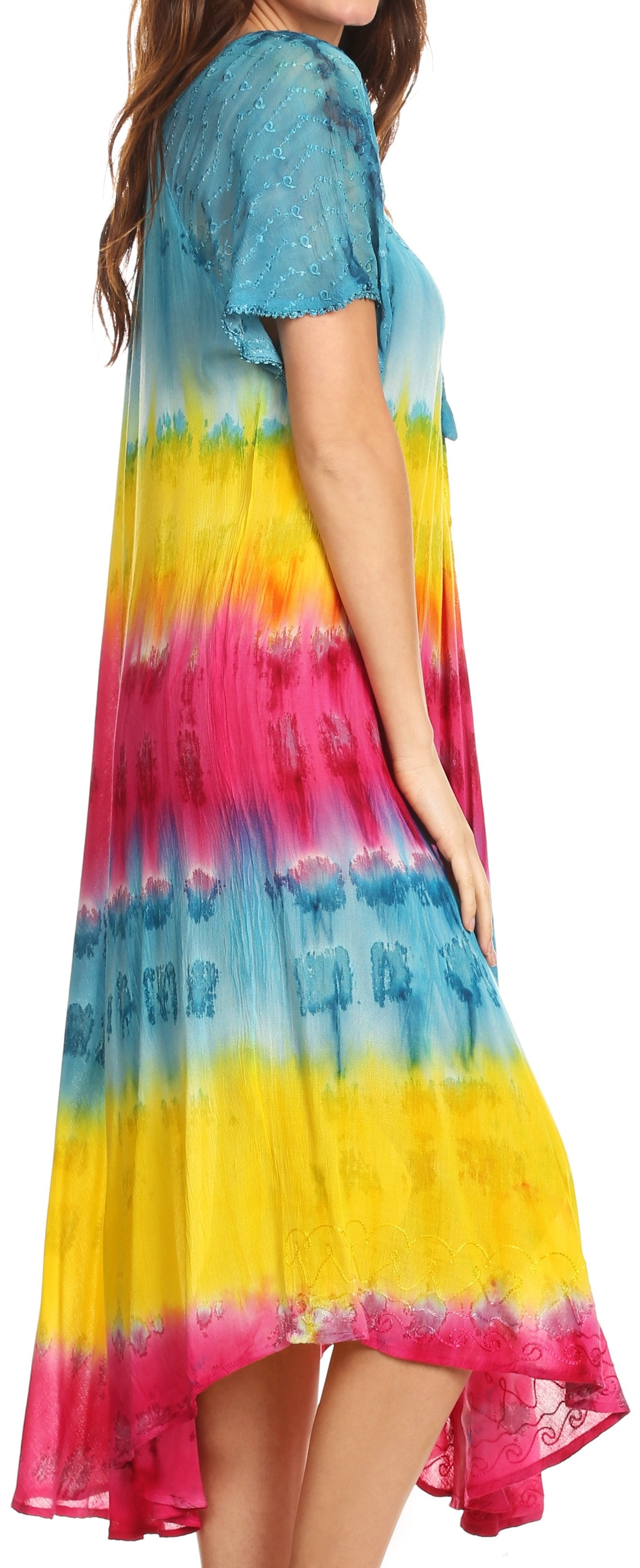 Sakkas - Sula Long Laced Tie-Dye Wide Neck Embroidered Boho Sundress Cover Up