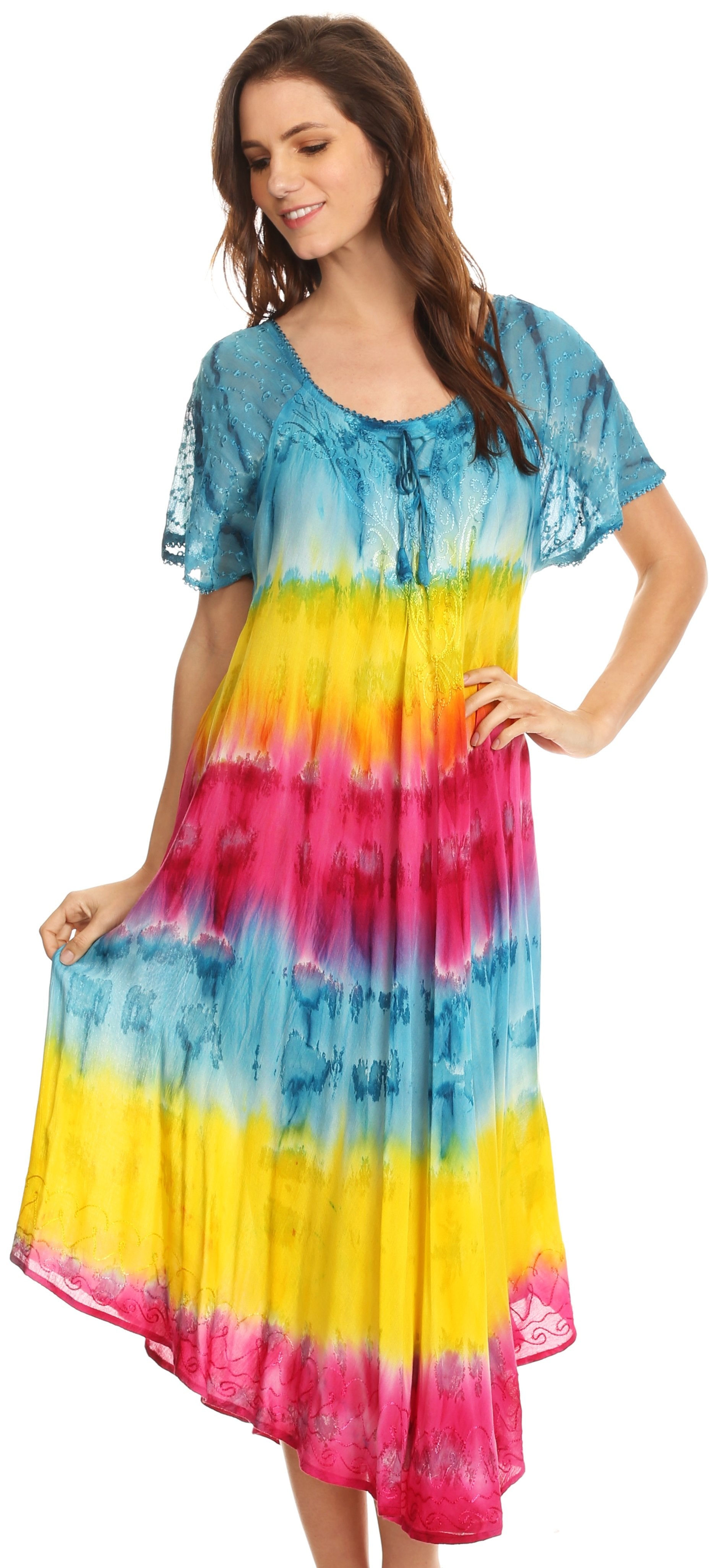 Sakkas - Sula Long Laced Tie-Dye Wide Neck Embroidered Boho Sundress Cover Up