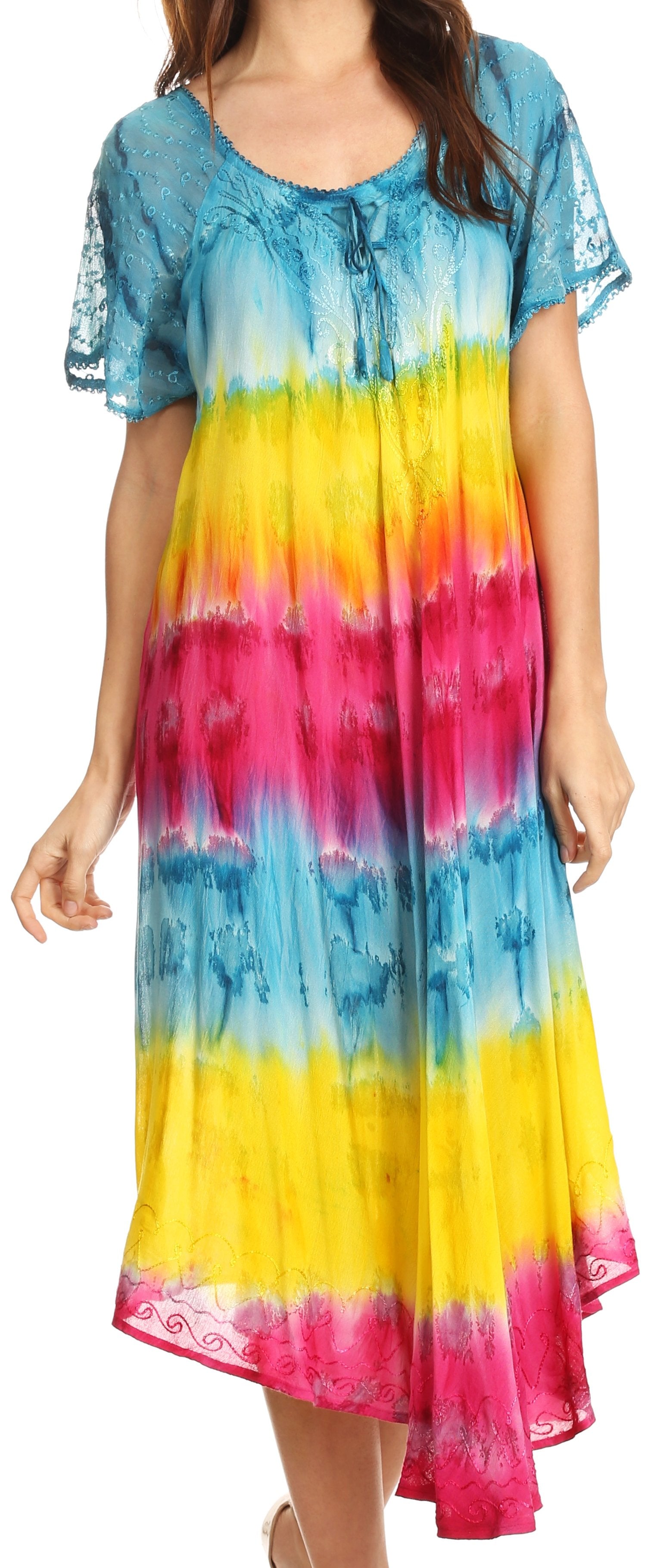 Sakkas - Sula Long Laced Tie-Dye Wide Neck Embroidered Boho Sundress Cover Up