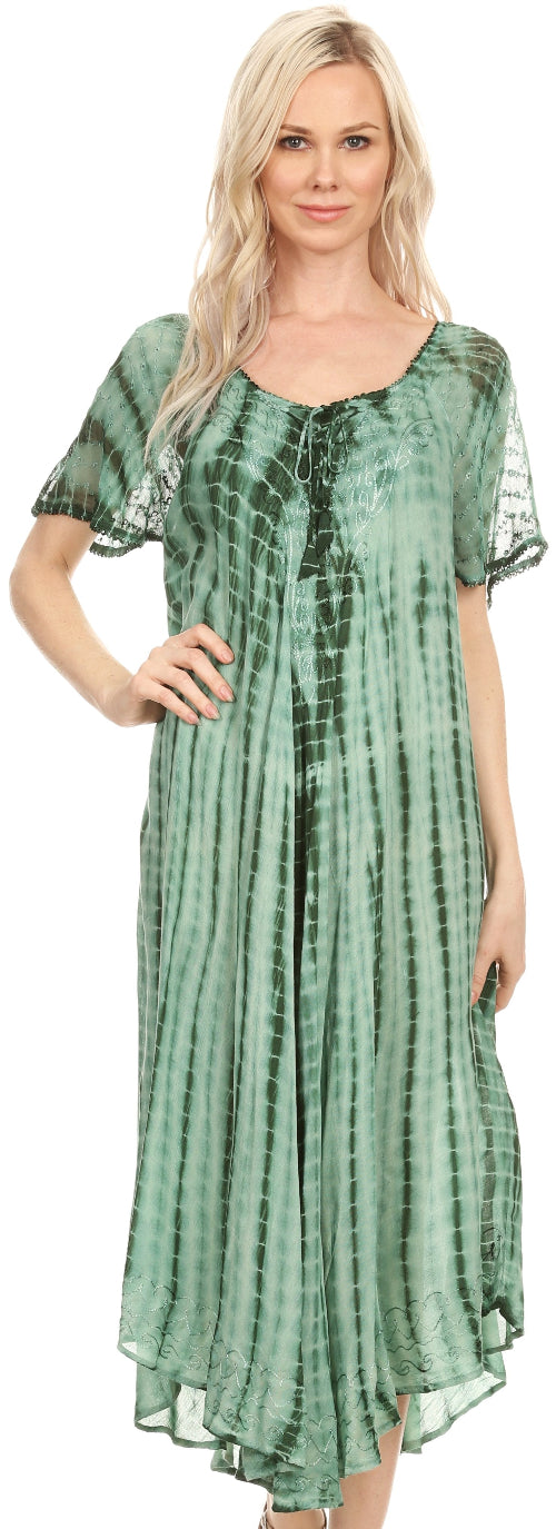 Woman wearing a green tie-dye dress on a white background