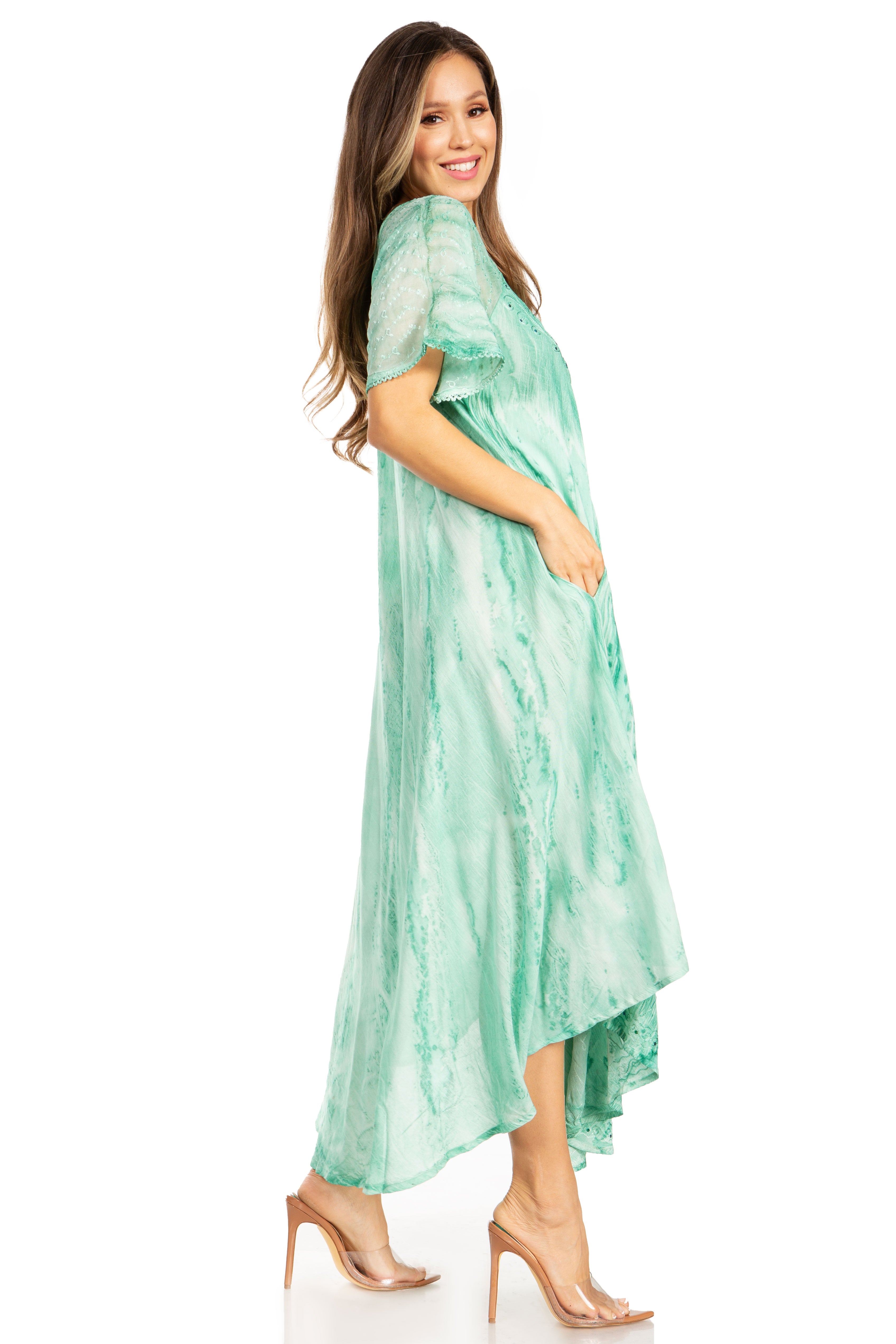 Sakkas - Myani Two Tone Embroidered Sheer Cap Sleeve Caftan Long Dress | Cover Up