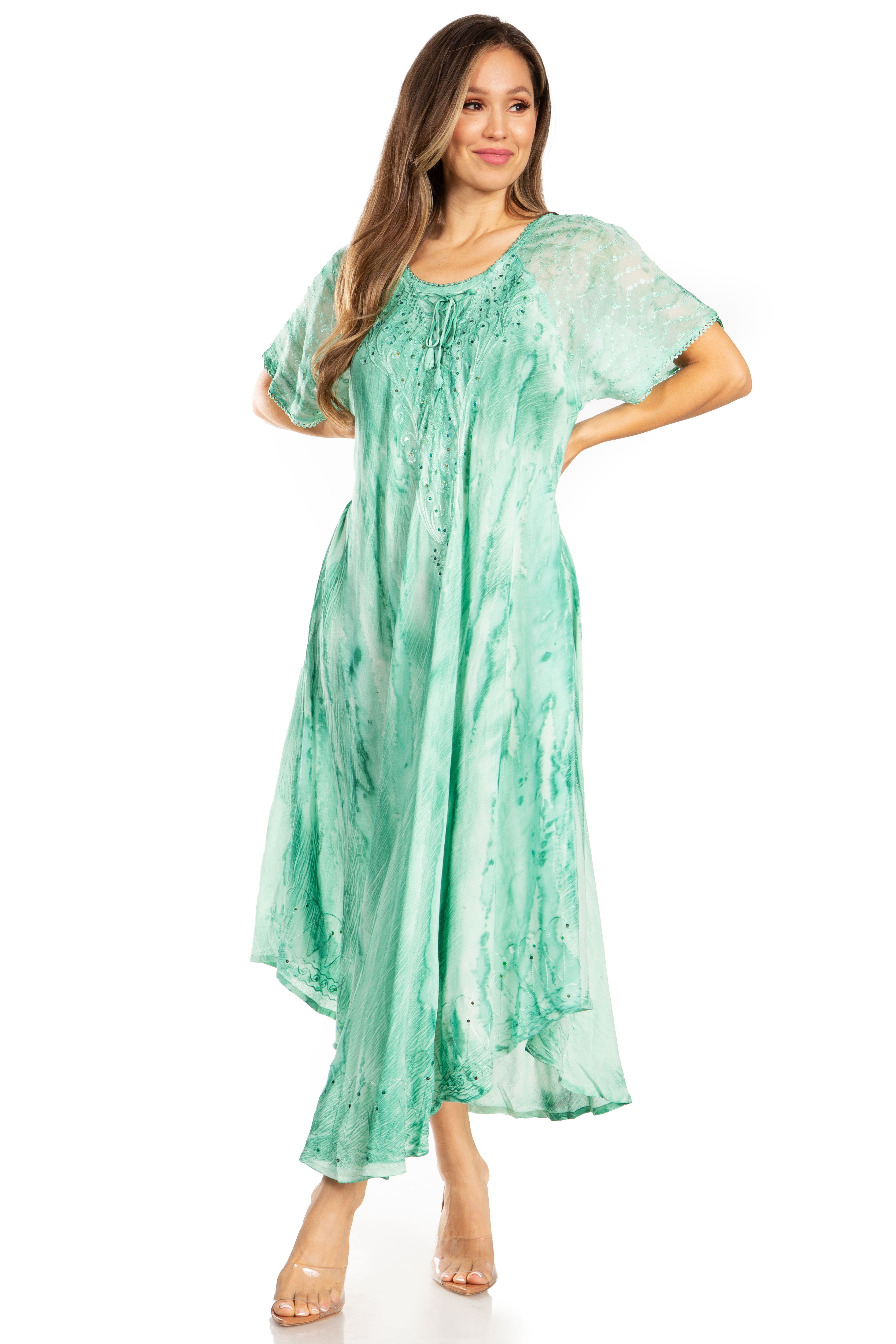 Sakkas - Myani Two Tone Embroidered Sheer Cap Sleeve Caftan Long Dress | Cover Up