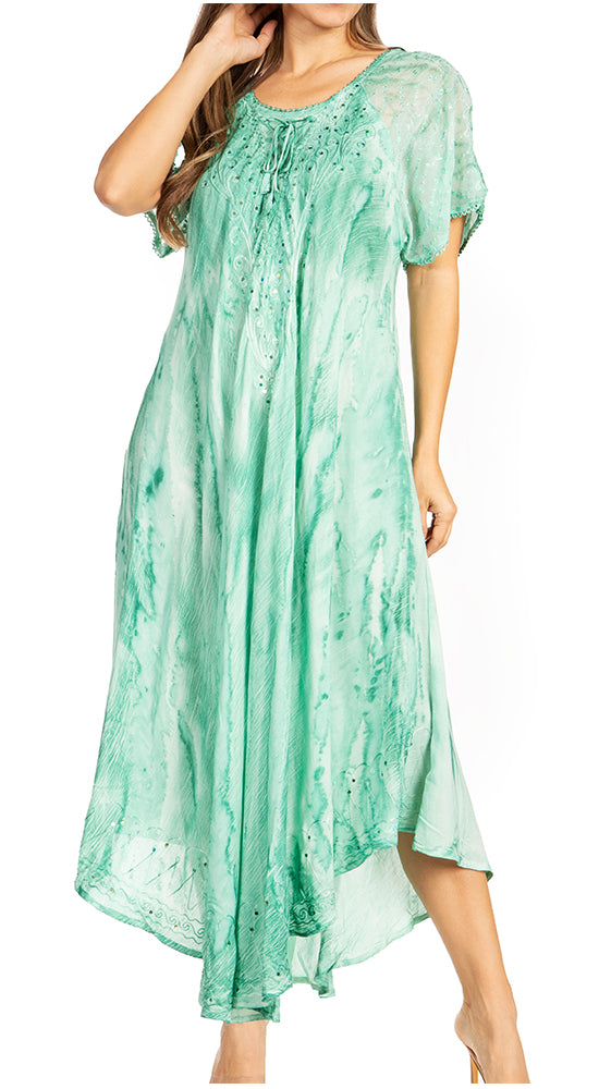 Sakkas - Myani Two Tone Embroidered Sheer Cap Sleeve Caftan Long Dress | Cover Up