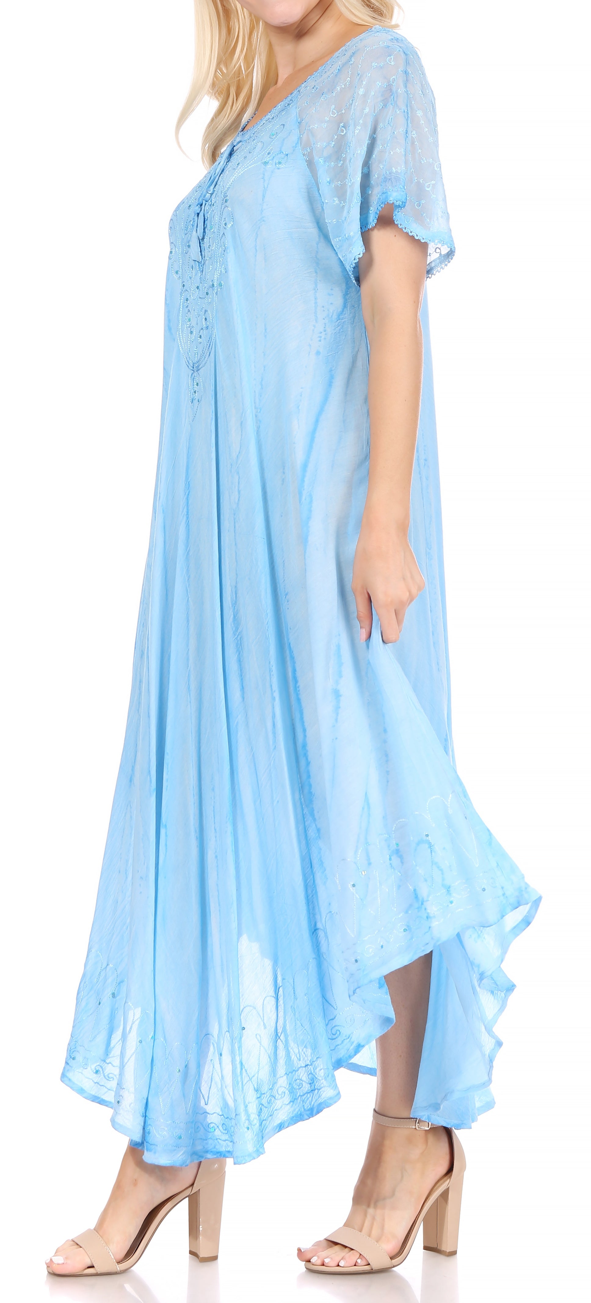 Sakkas - Myani Two Tone Embroidered Sheer Cap Sleeve Caftan Long Dress | Cover Up