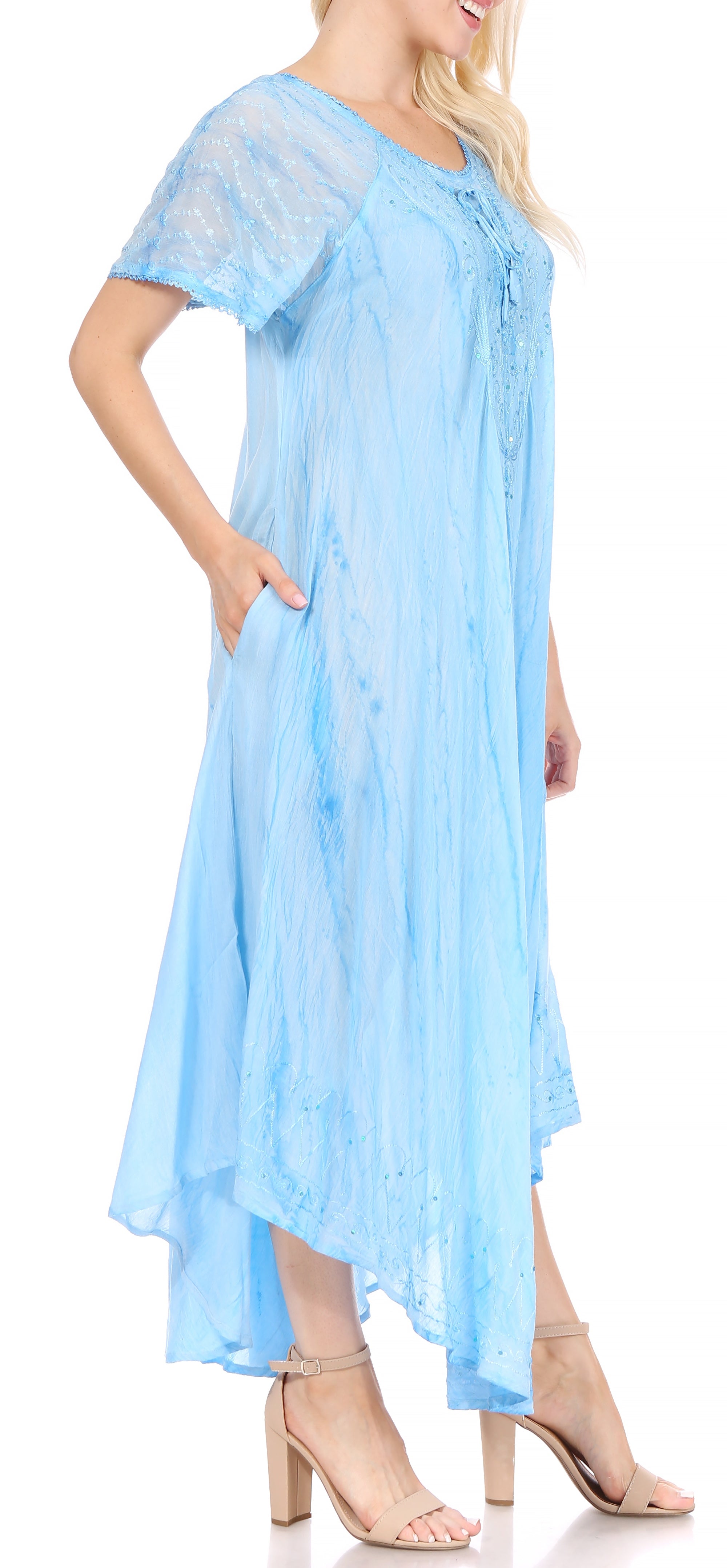 Sakkas - Myani Two Tone Embroidered Sheer Cap Sleeve Caftan Long Dress | Cover Up
