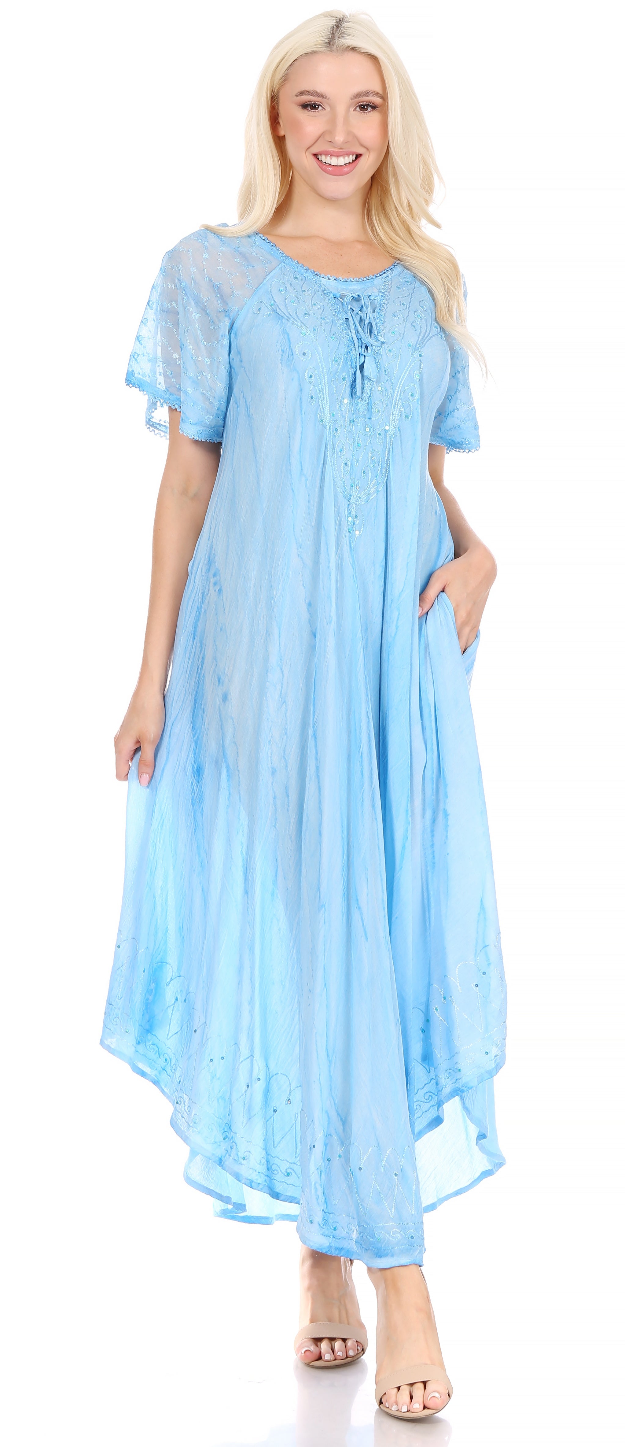 Sakkas - Myani Two Tone Embroidered Sheer Cap Sleeve Caftan Long Dress | Cover Up
