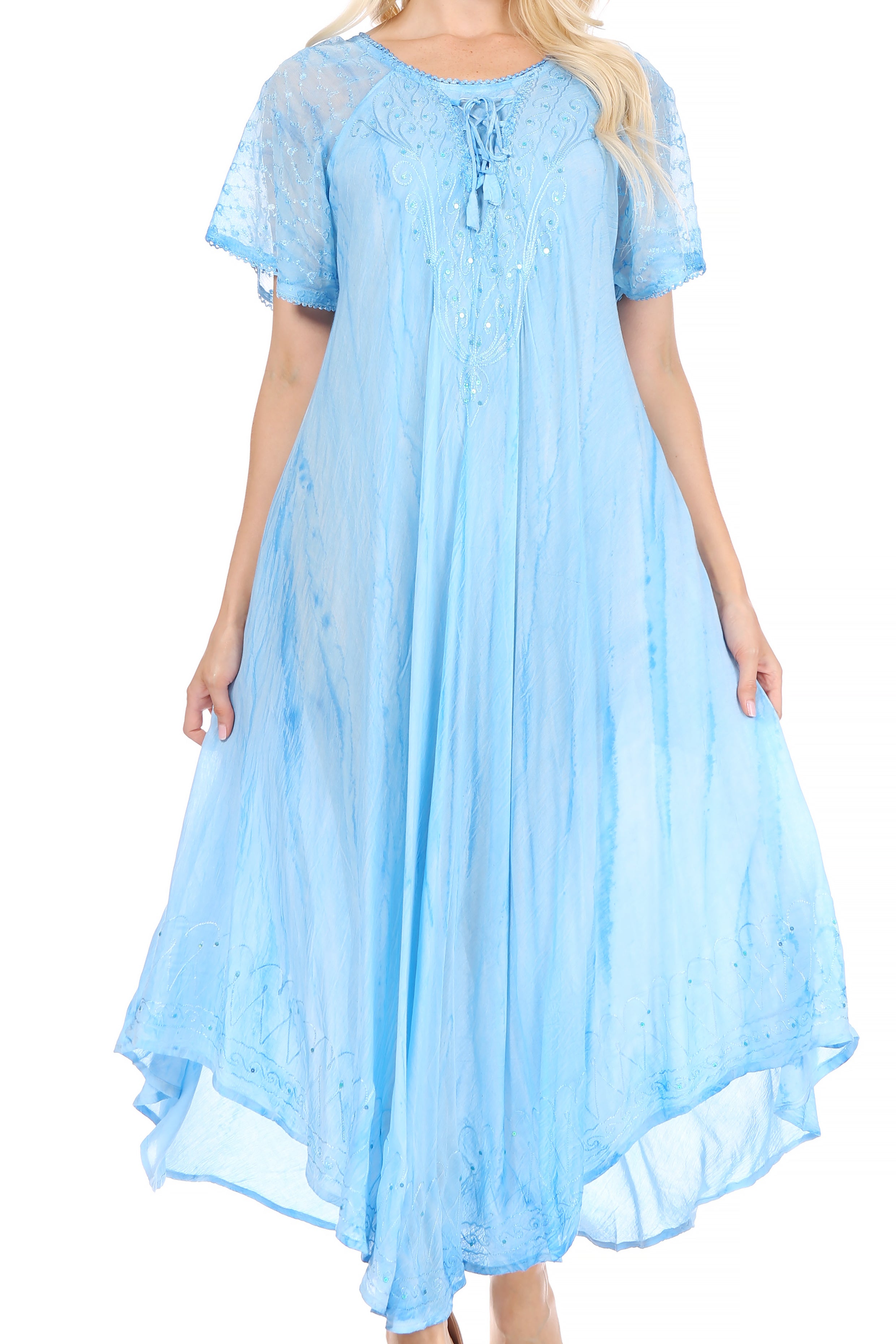 Sakkas - Myani Two Tone Embroidered Sheer Cap Sleeve Caftan Long Dress | Cover Up