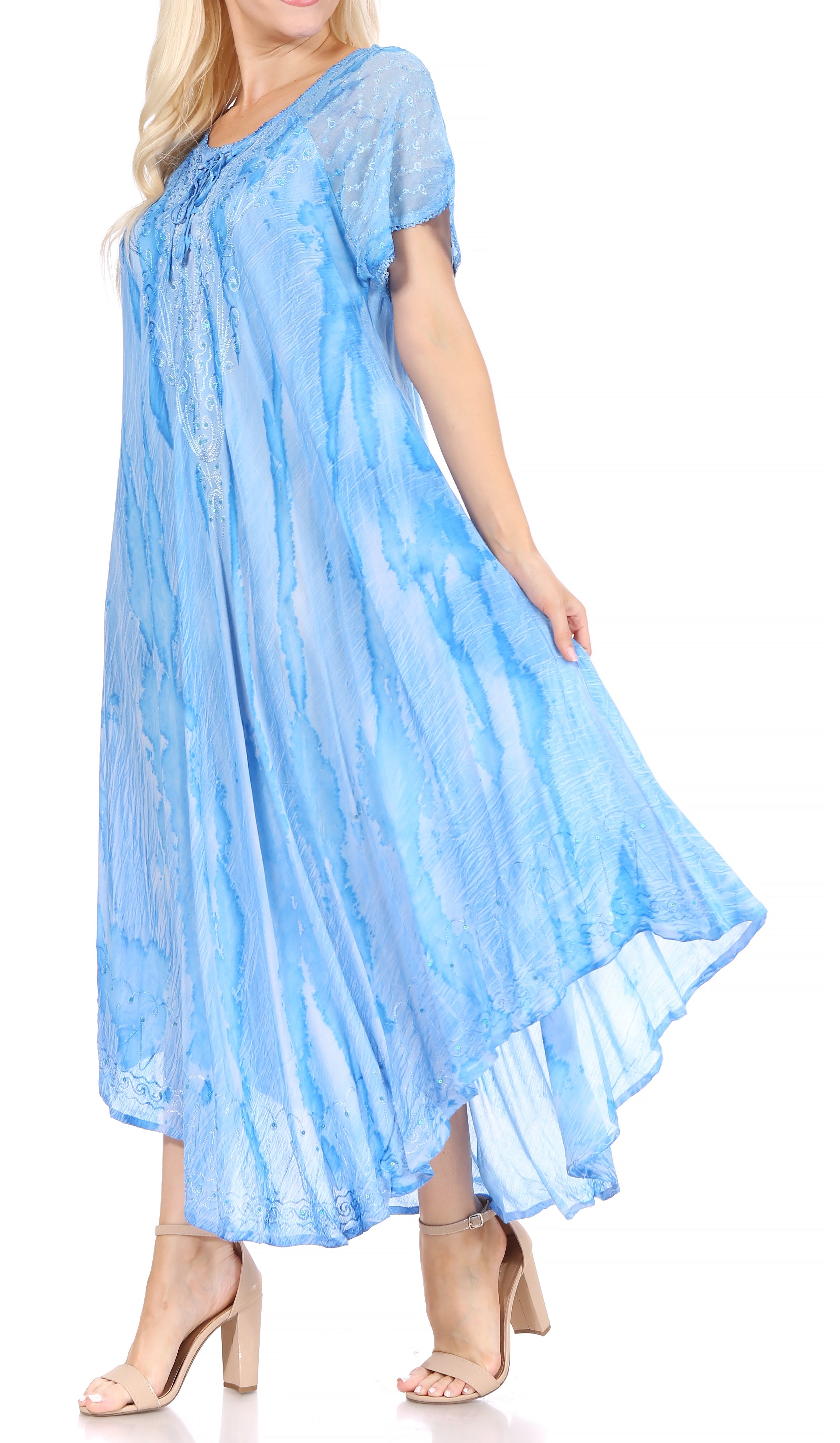 Sakkas - Myani Two Tone Embroidered Sheer Cap Sleeve Caftan Long Dress | Cover Up