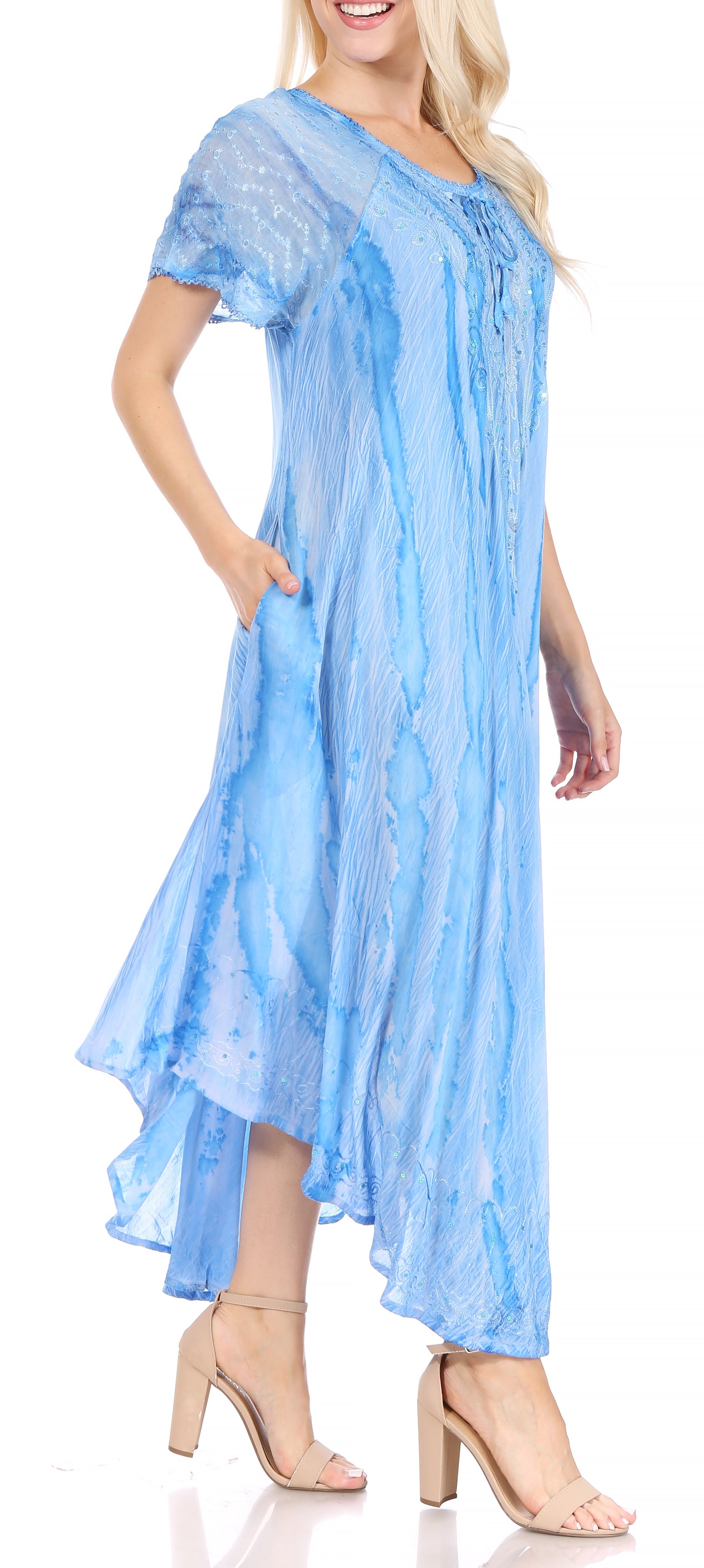 Sakkas - Myani Two Tone Embroidered Sheer Cap Sleeve Caftan Long Dress | Cover Up
