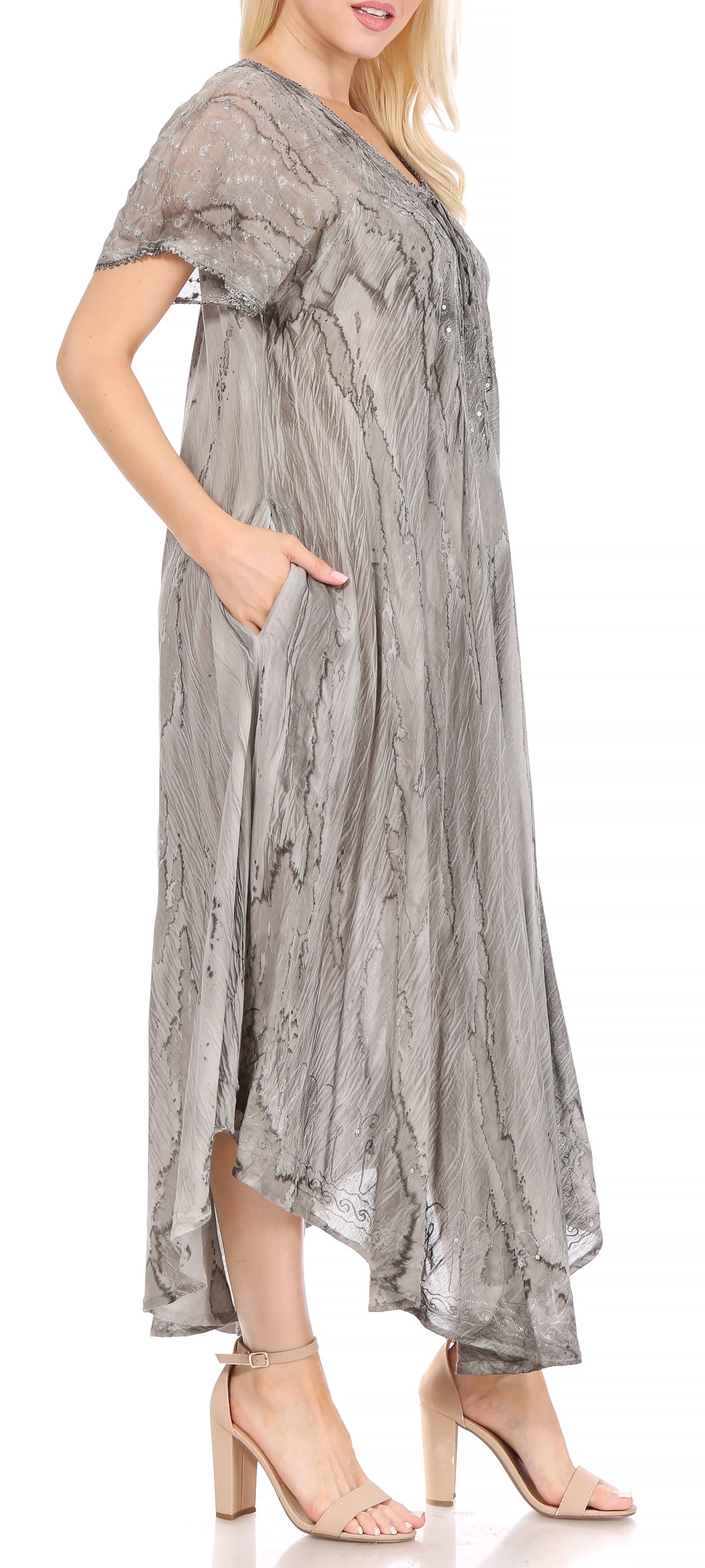 Sakkas - Myani Two Tone Embroidered Sheer Cap Sleeve Caftan Long Dress | Cover Up