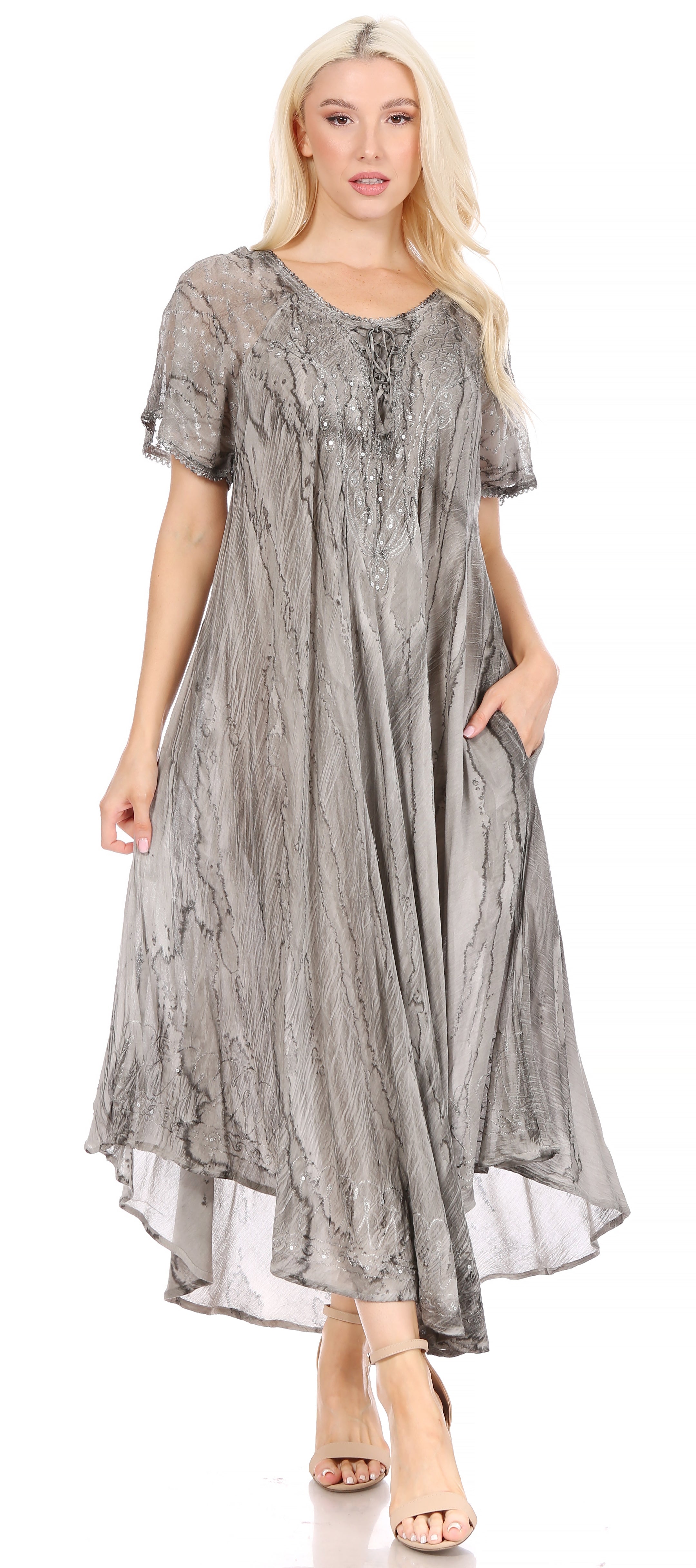 Sakkas - Myani Two Tone Embroidered Sheer Cap Sleeve Caftan Long Dress | Cover Up