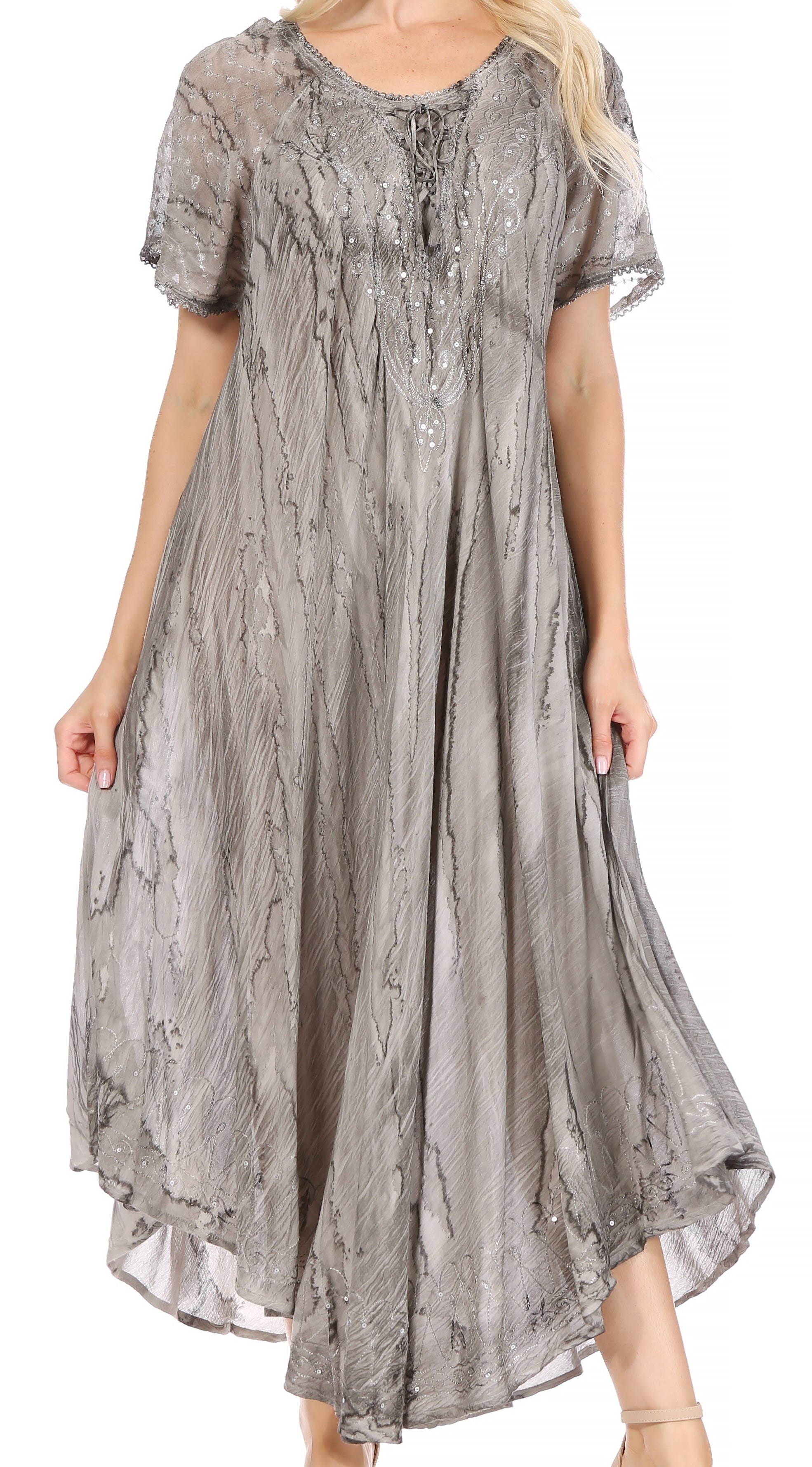 Sakkas - Myani Two Tone Embroidered Sheer Cap Sleeve Caftan Long Dress | Cover Up