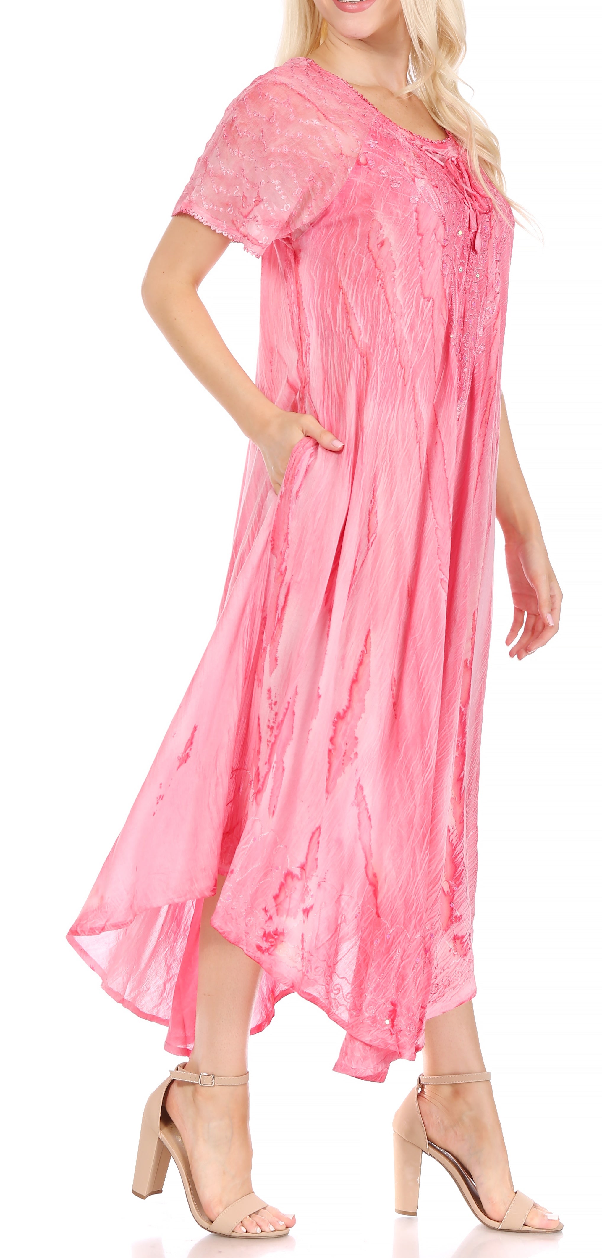 Sakkas - Myani Two Tone Embroidered Sheer Cap Sleeve Caftan Long Dress | Cover Up