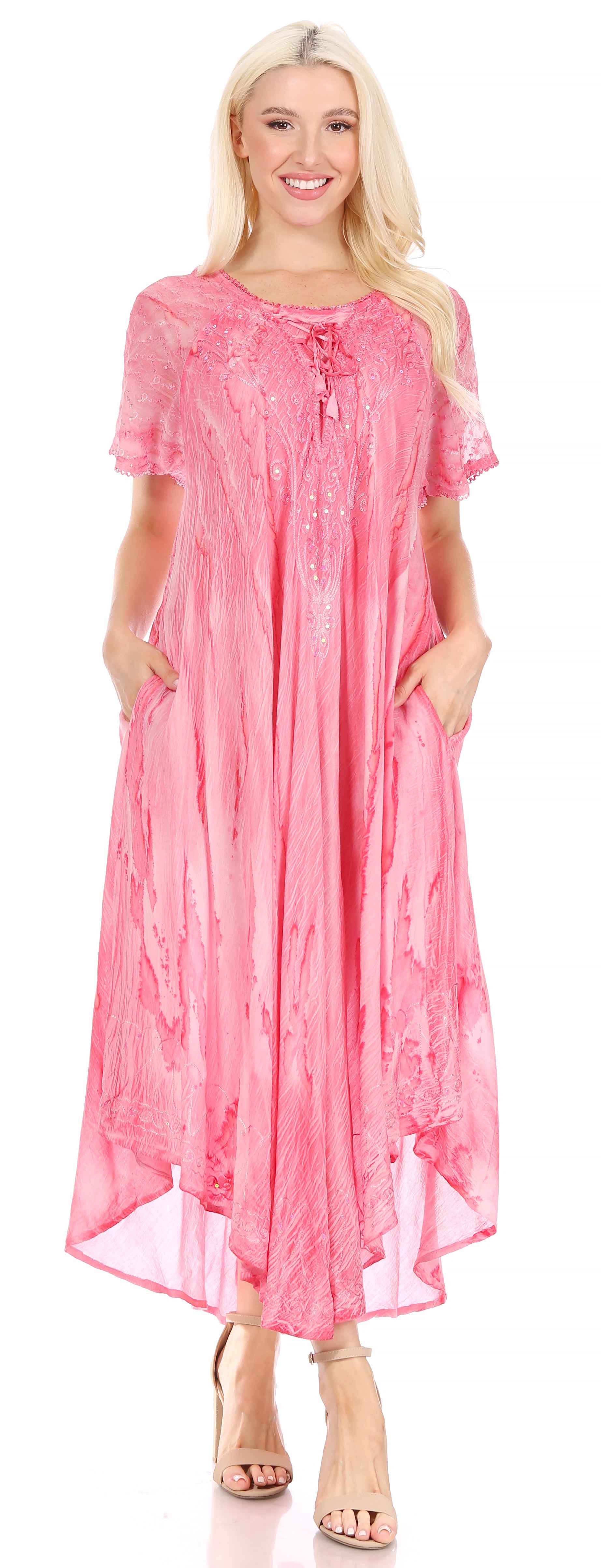Sakkas - Myani Two Tone Embroidered Sheer Cap Sleeve Caftan Long Dress | Cover Up