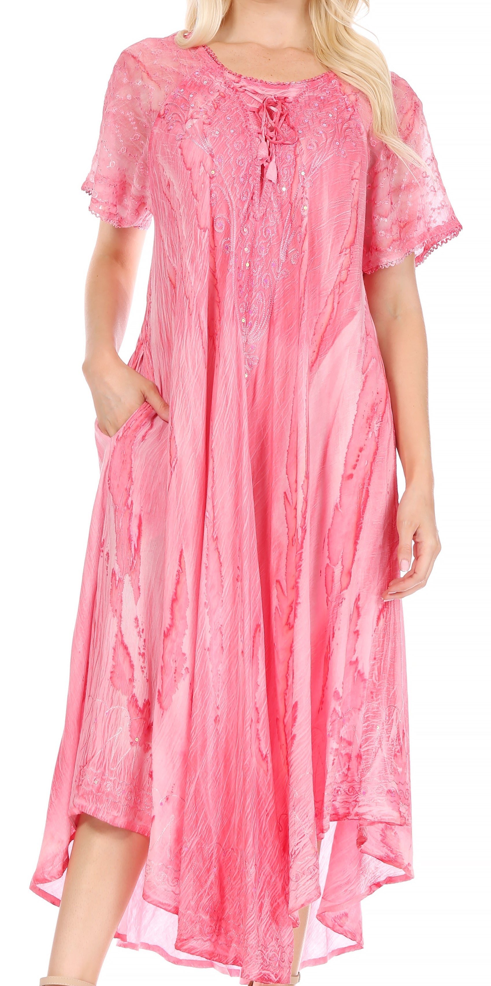 Sakkas - Myani Two Tone Embroidered Sheer Cap Sleeve Caftan Long Dress | Cover Up