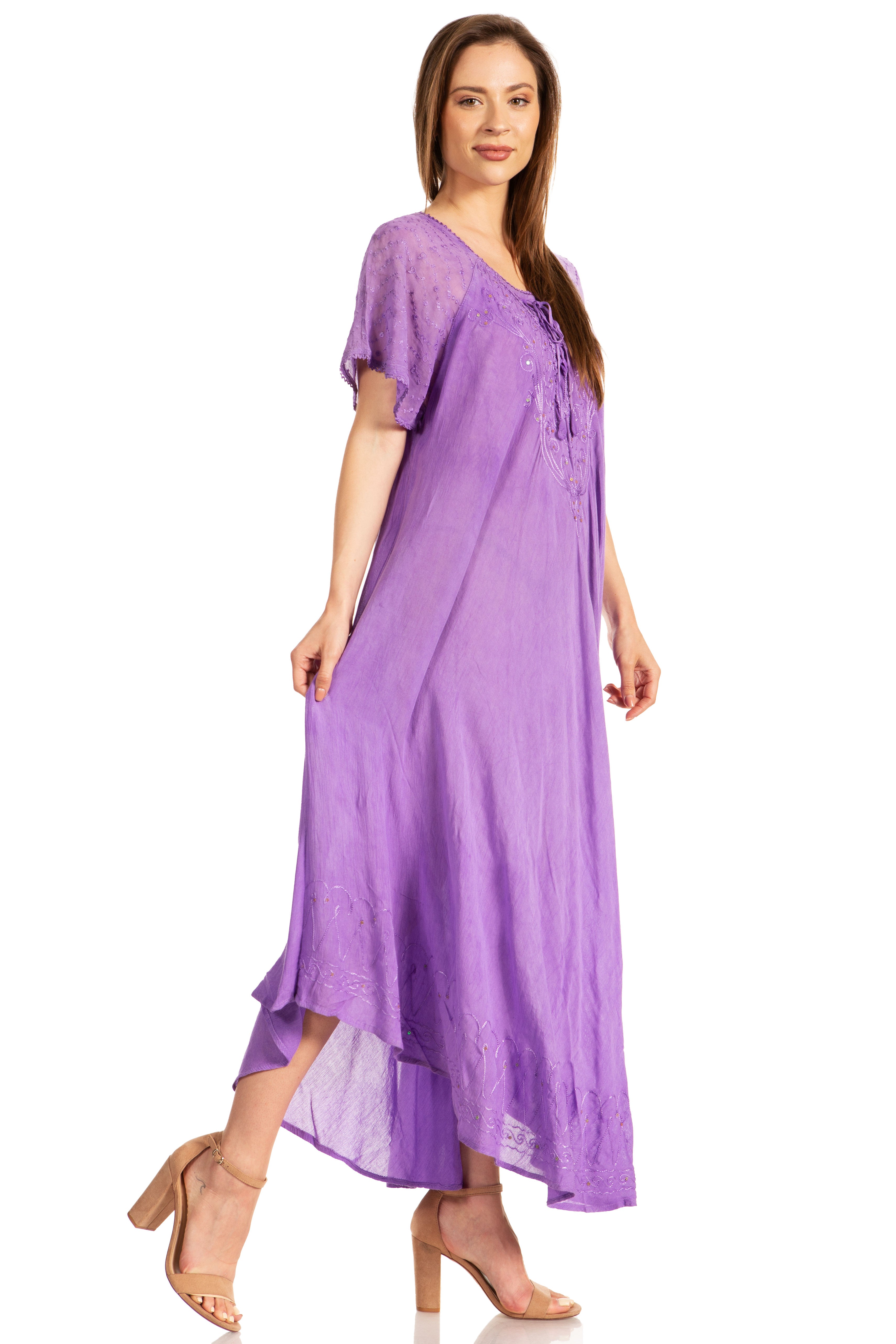 Sakkas - Myani Two Tone Embroidered Sheer Cap Sleeve Caftan Long Dress | Cover Up