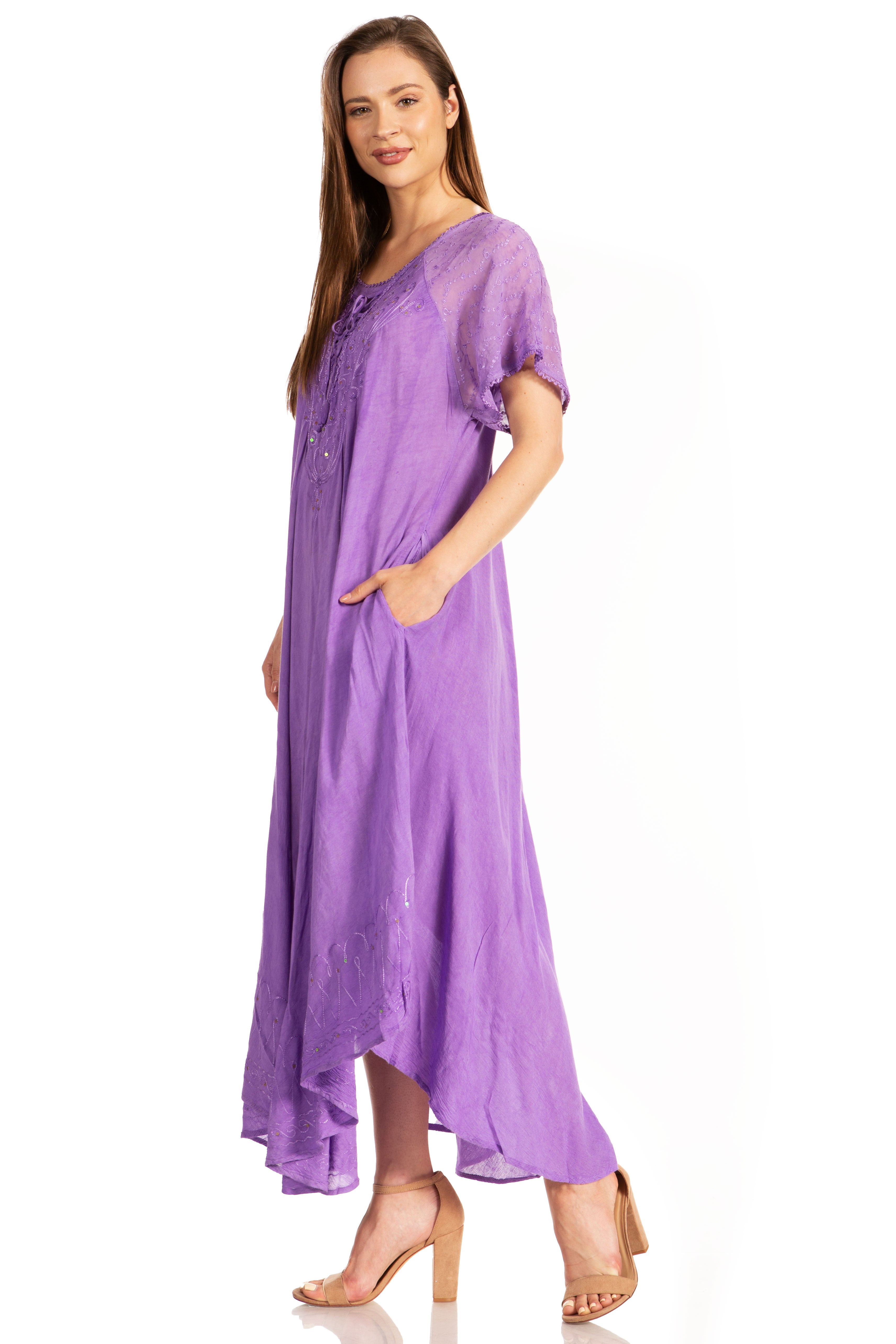 Sakkas - Myani Two Tone Embroidered Sheer Cap Sleeve Caftan Long Dress | Cover Up