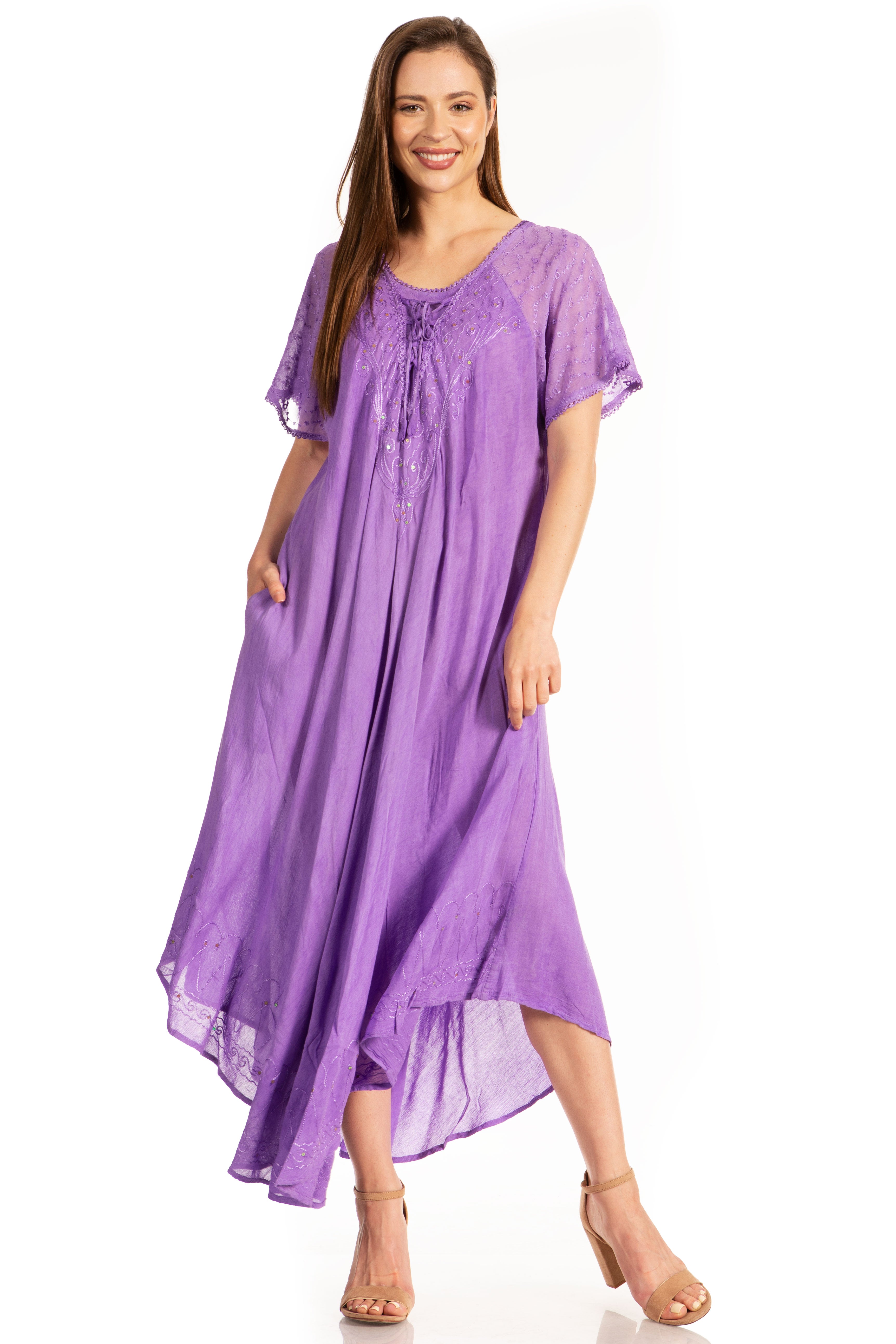 Sakkas - Myani Two Tone Embroidered Sheer Cap Sleeve Caftan Long Dress | Cover Up