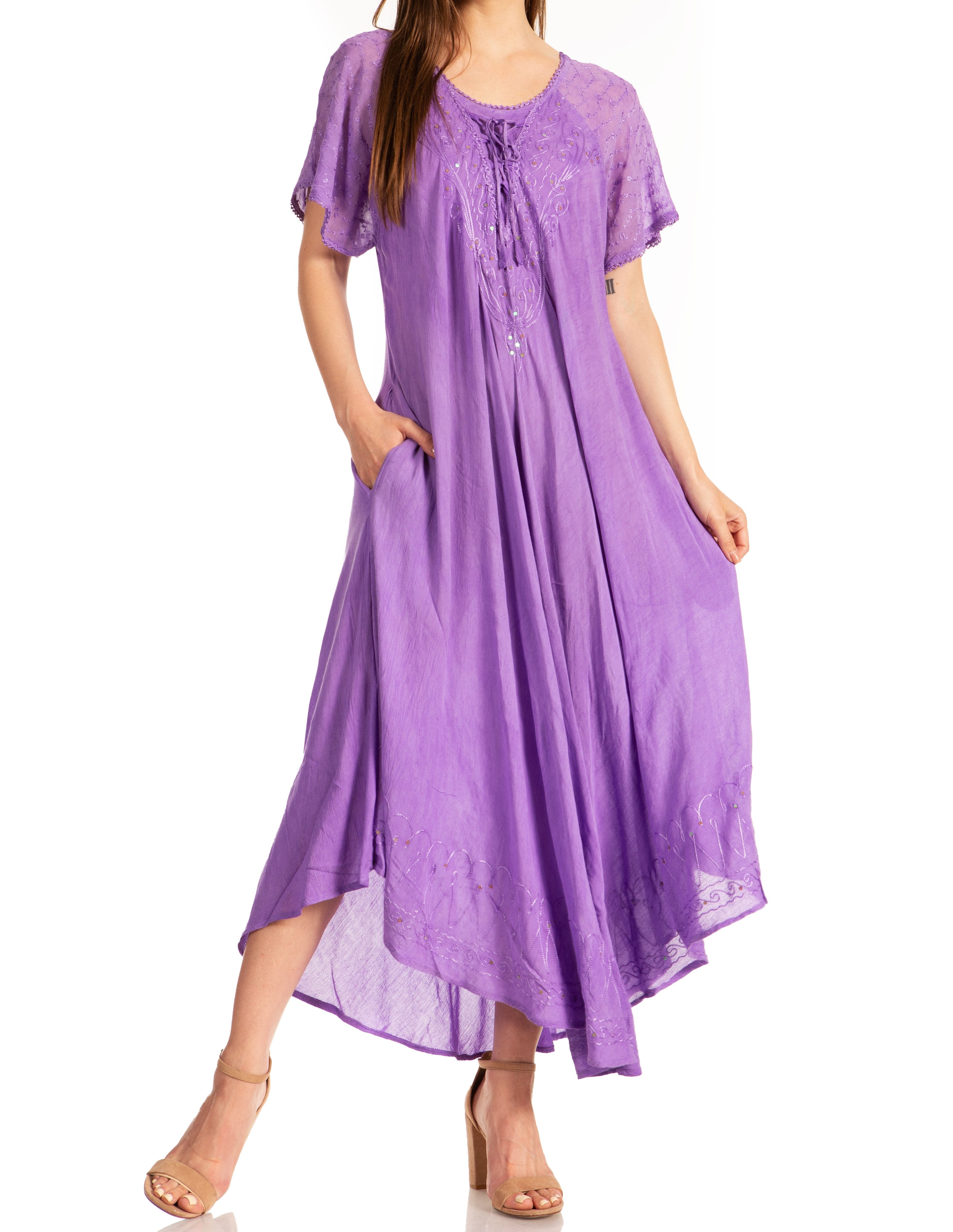 Sakkas - Myani Two Tone Embroidered Sheer Cap Sleeve Caftan Long Dress | Cover Up