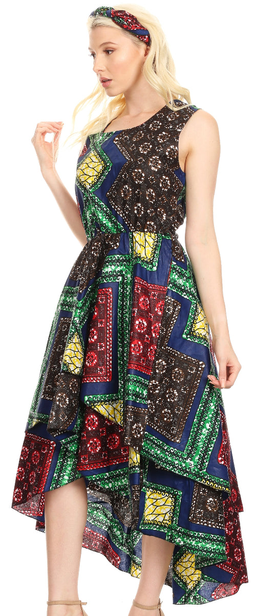 Woman wearing a colorful patterned dress with a headband on a white background
