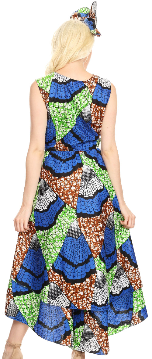 Woman wearing a colorful patterned dress with a white background