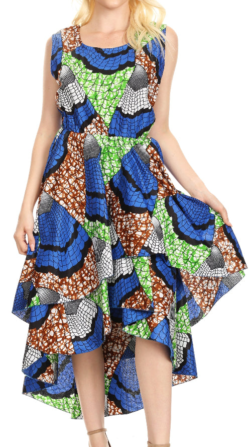 Woman wearing a colorful patterned dress on a white background