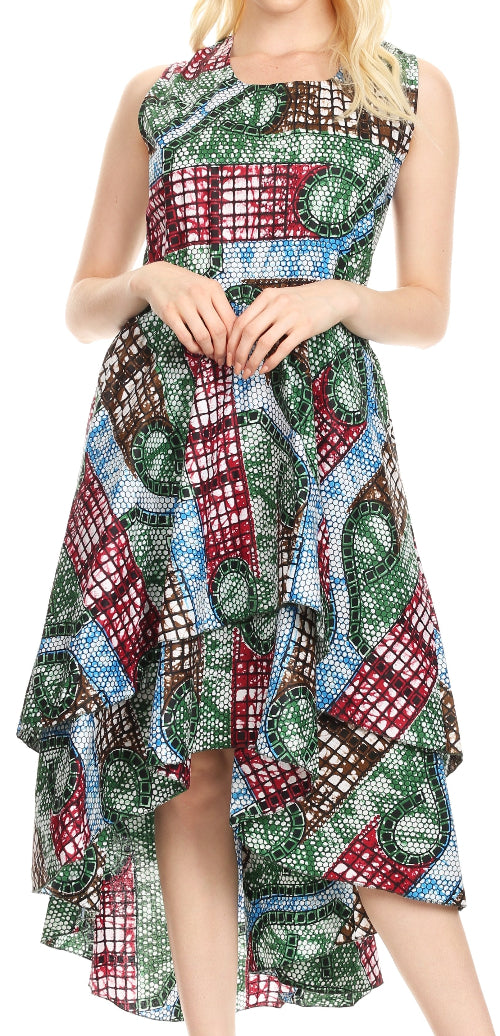 Woman wearing a colorful patterned dress on a white background