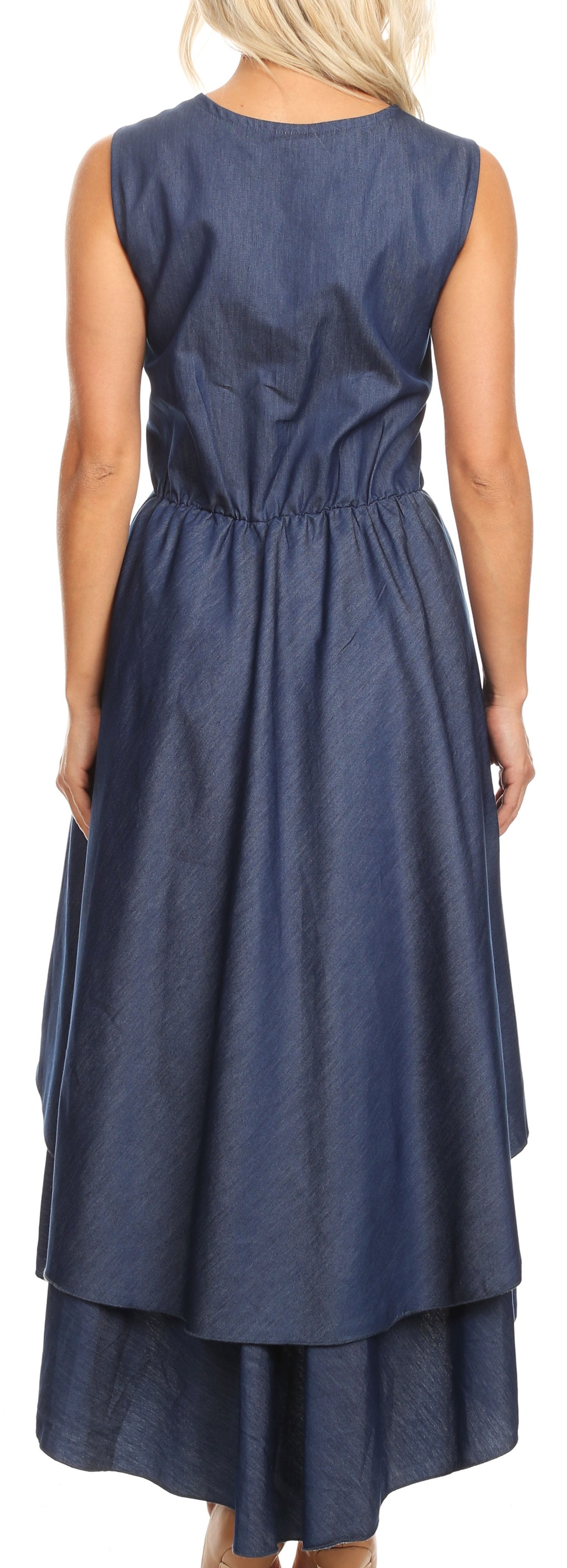 Sakkas - Emalia Sleeveless Cocktail High Low Hem Dress with Pockets Chambray