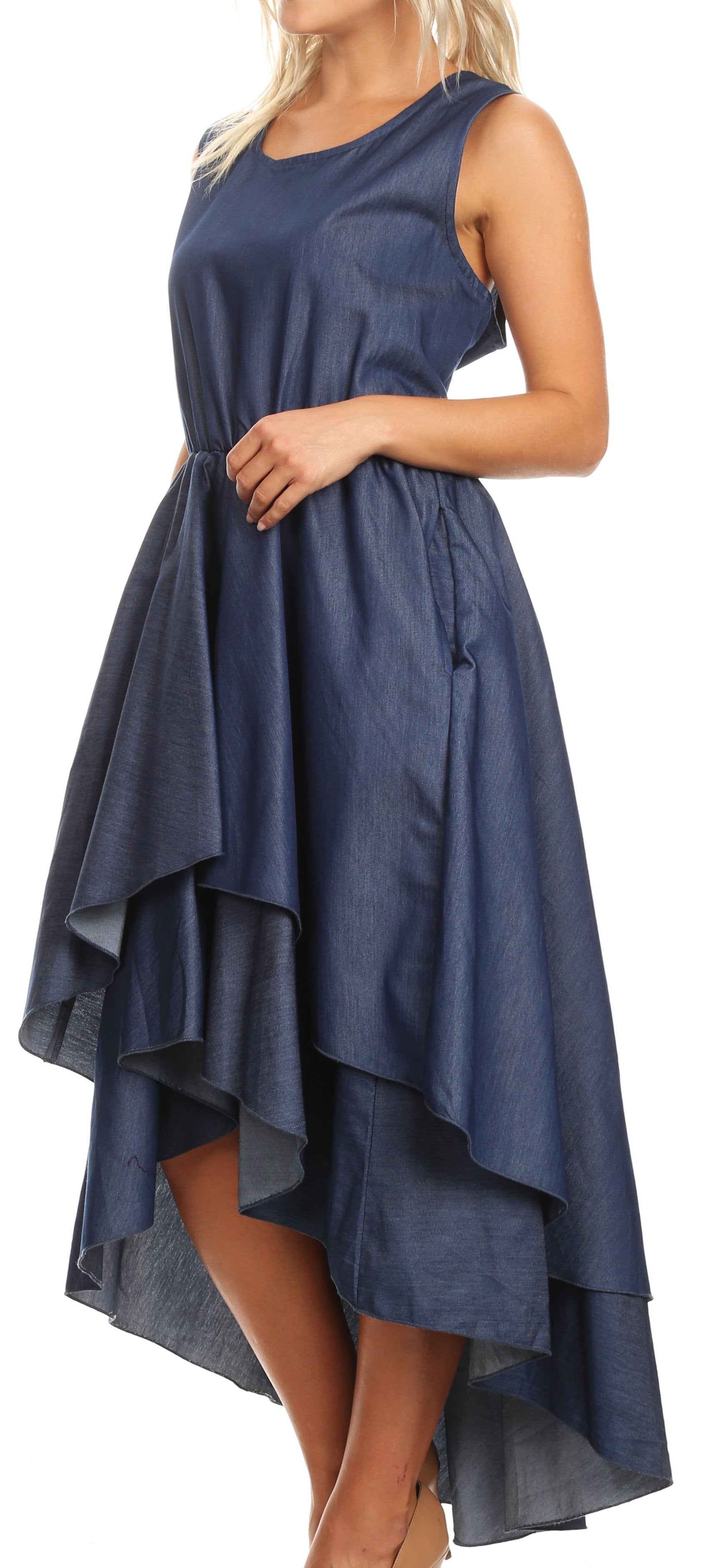 Sakkas - Emalia Sleeveless Cocktail High Low Hem Dress with Pockets Chambray