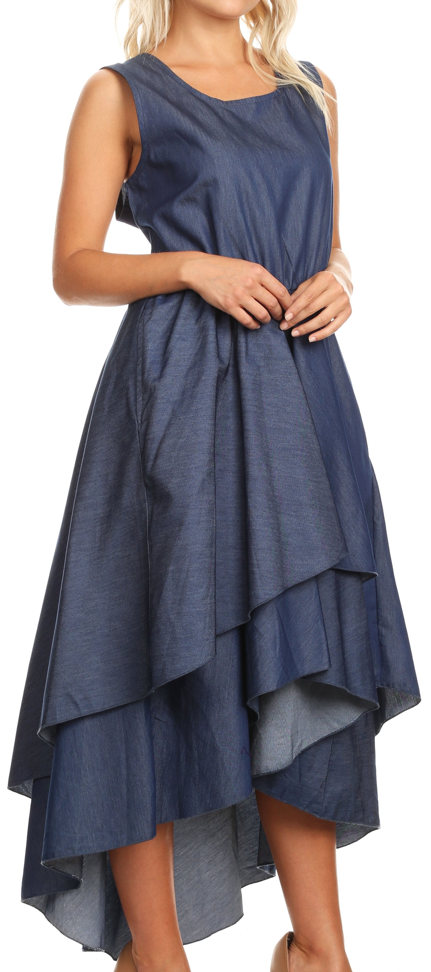 Sakkas - Emalia Sleeveless Cocktail High Low Hem Dress with Pockets Chambray