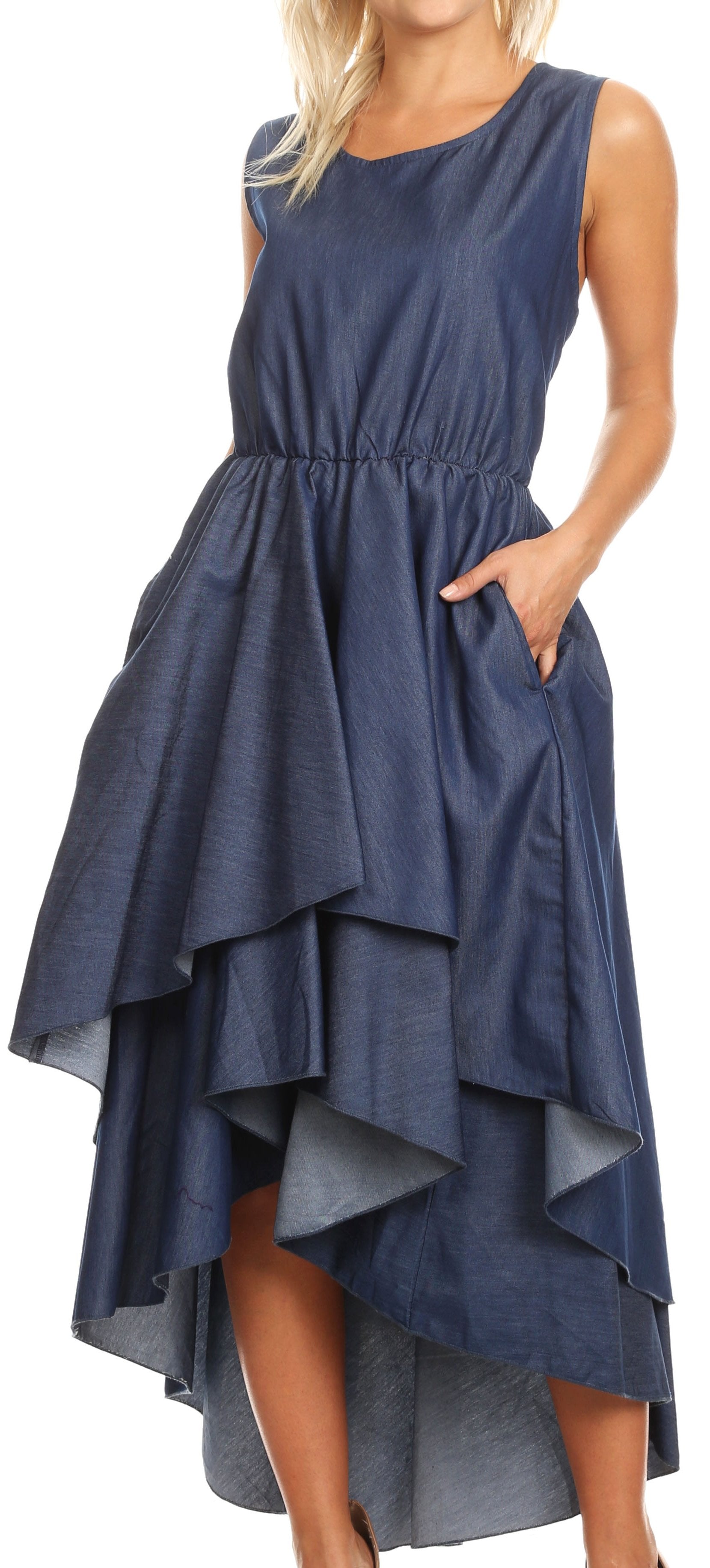 Sakkas - Emalia Sleeveless Cocktail High Low Hem Dress with Pockets Chambray