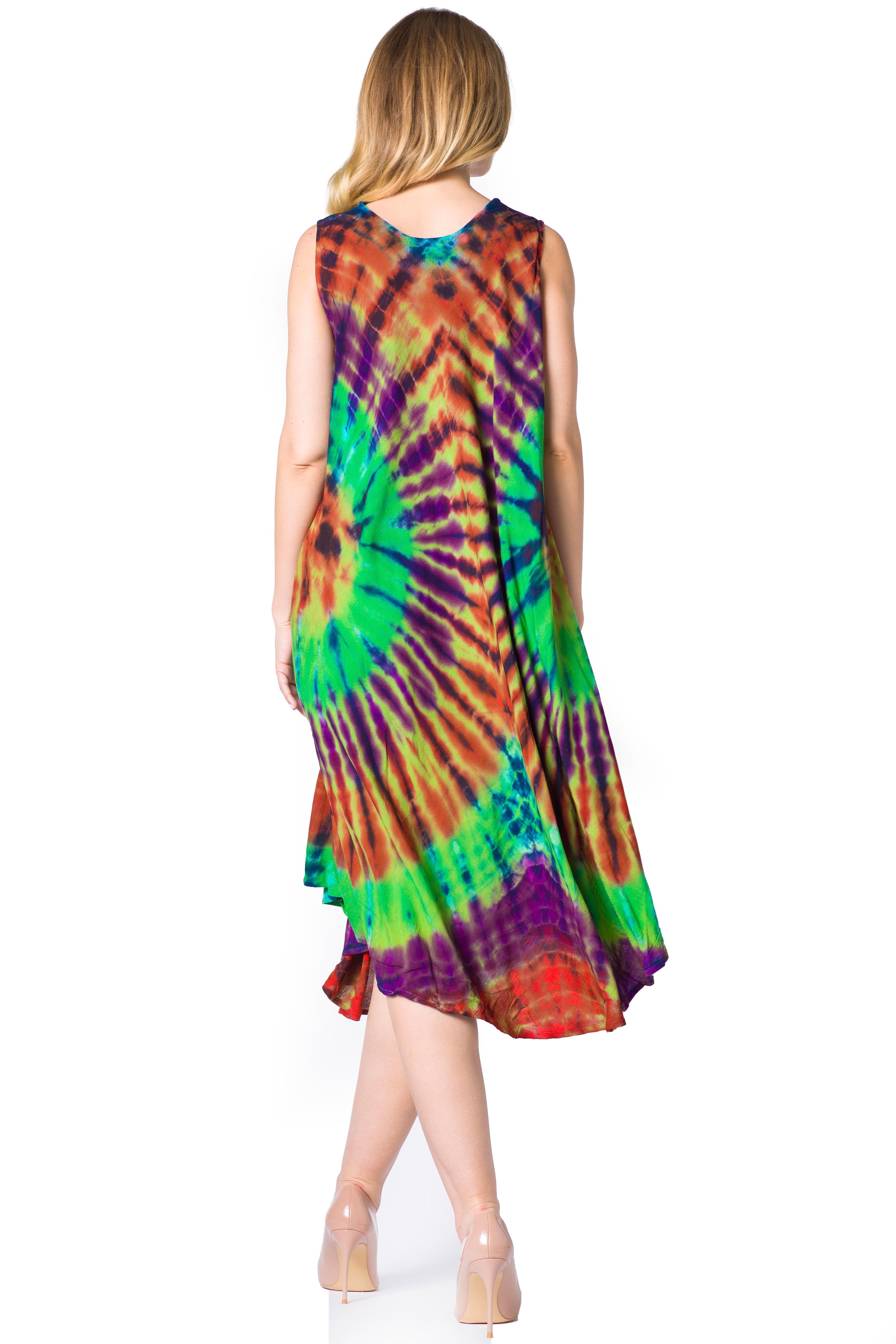 Multicolored tie-dye dress worn by a model on a white background