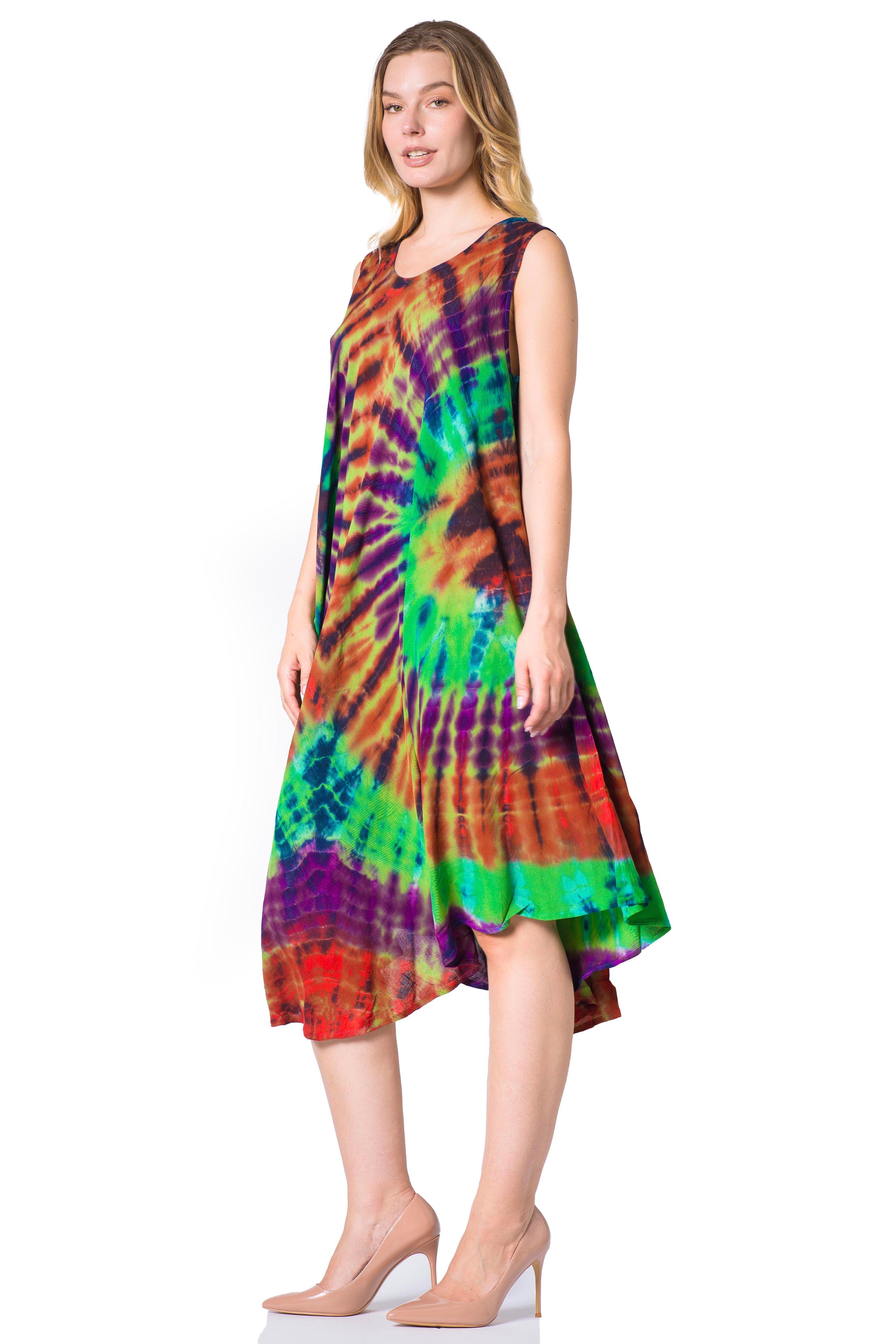 Woman wearing a tie-dye dress on a white background