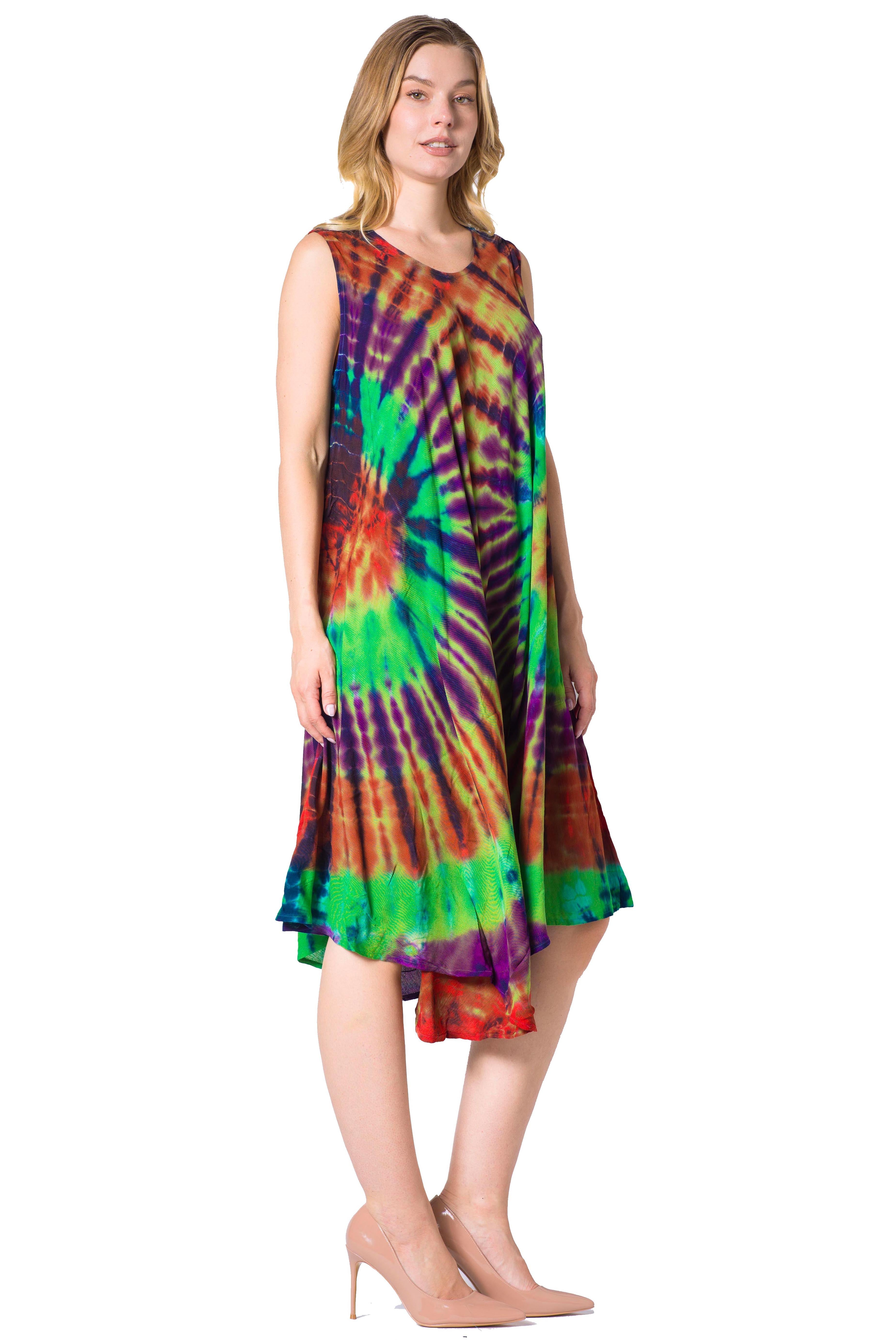 Woman wearing a tie-dye dress on a white background