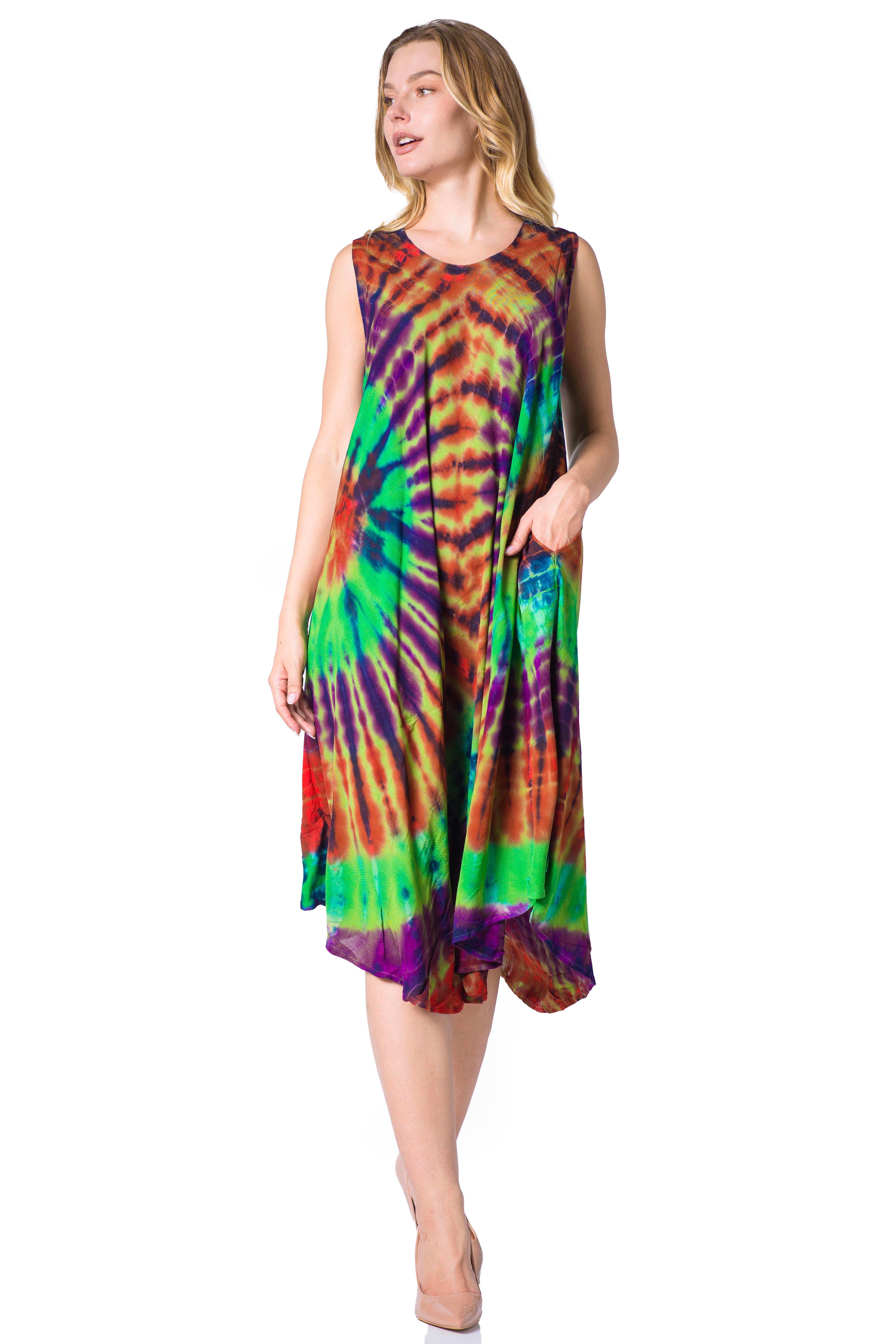 Woman wearing a tie-dye dress on a white background