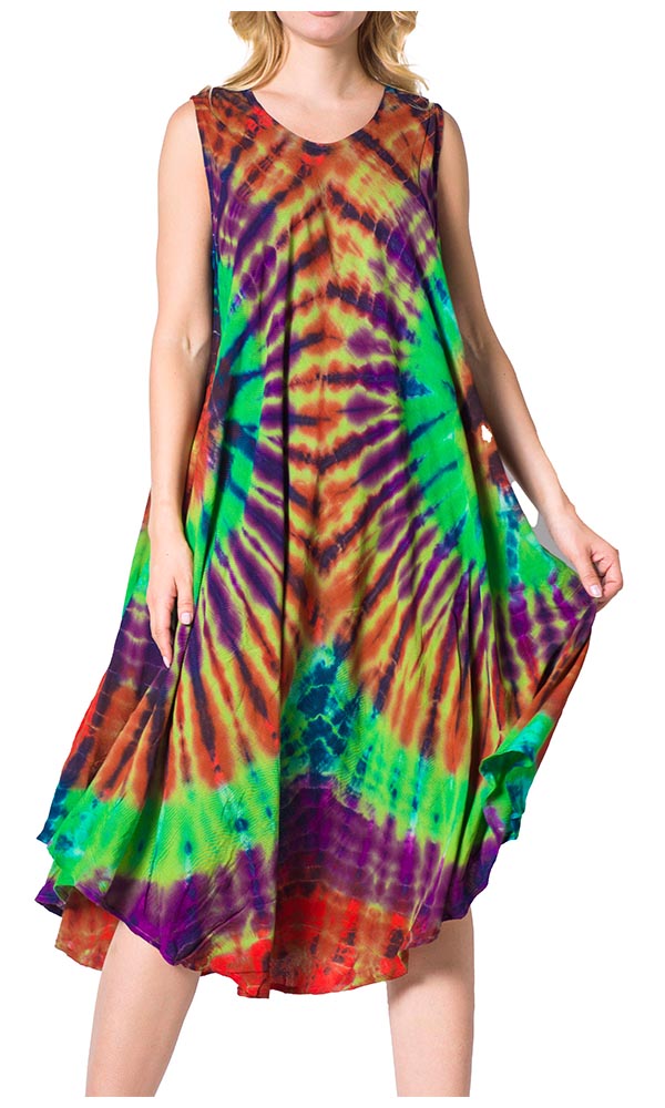 Tie-dye dress with a colorful pattern on a white background