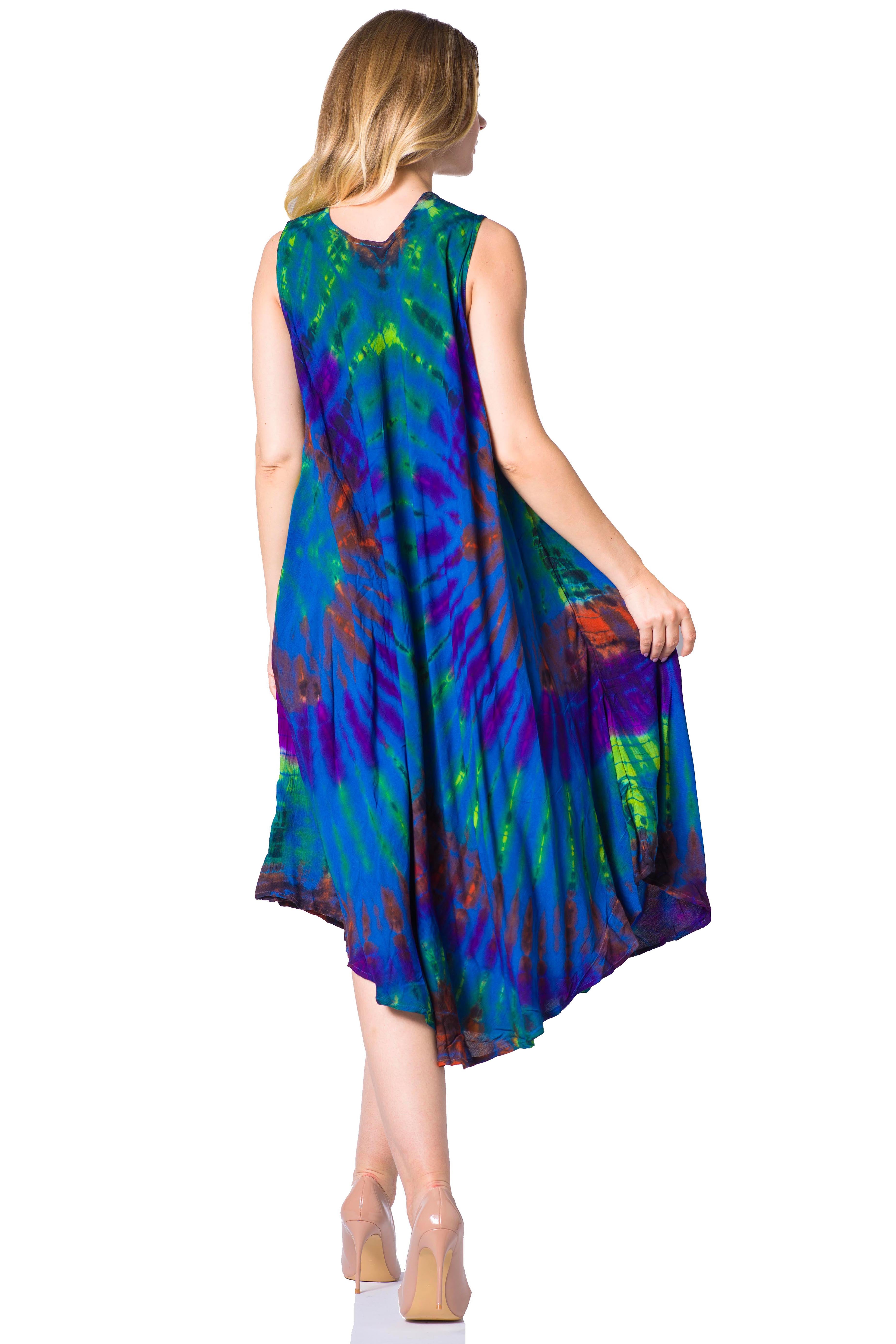 Woman wearing a colorful dress with a white background