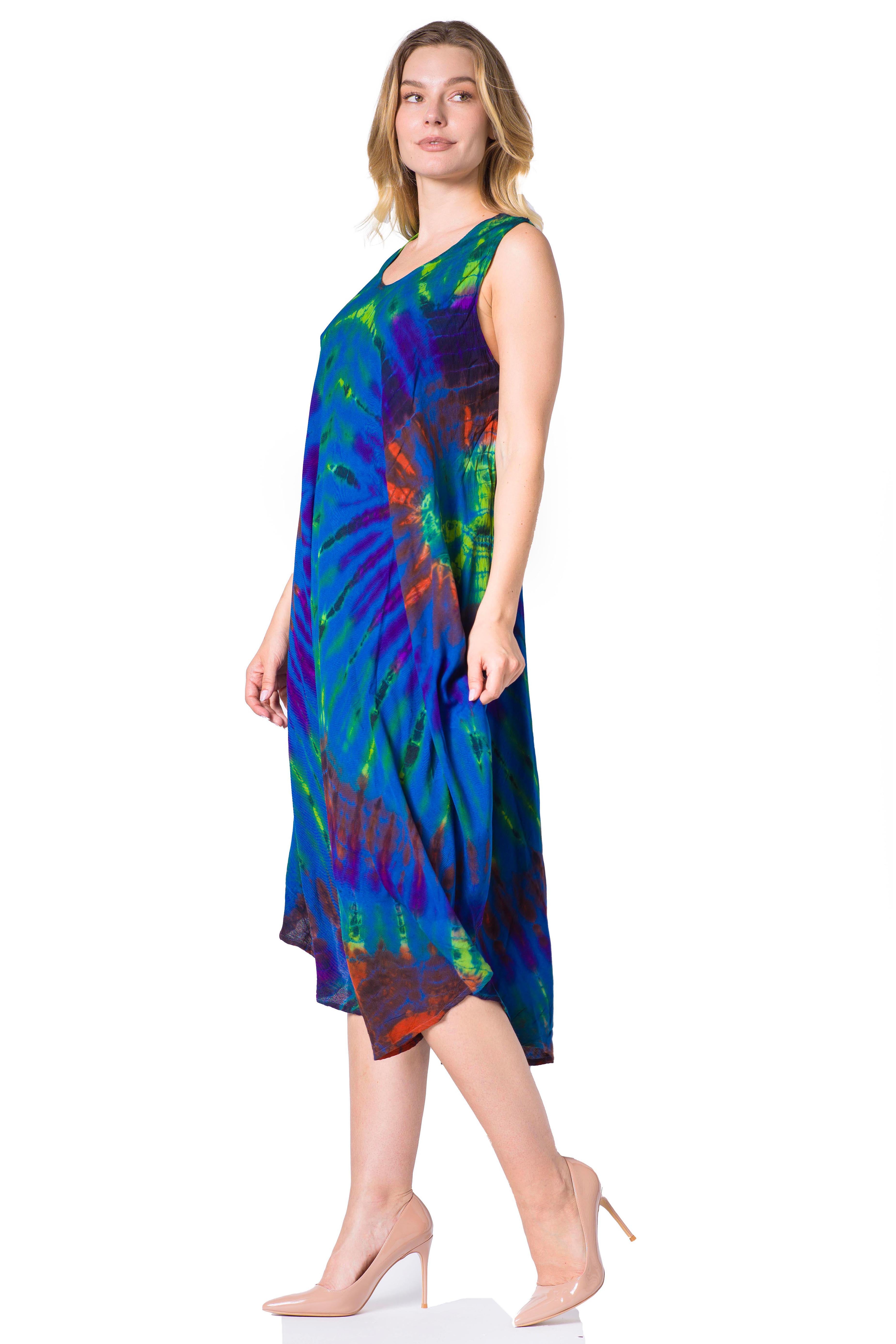 Woman wearing a colorful tie-dye dress on a white background