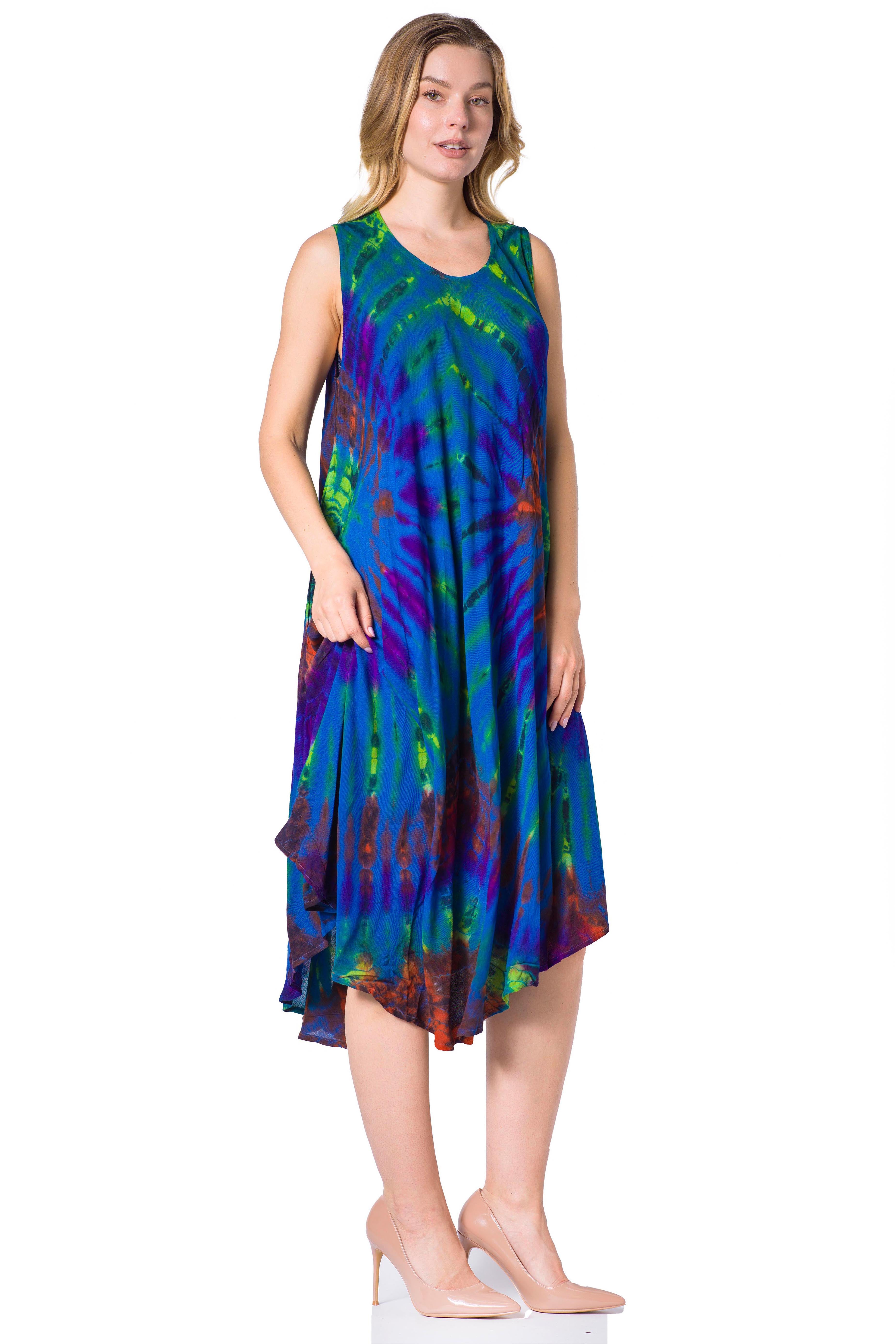Woman wearing a colorful tie-dye dress on a white background