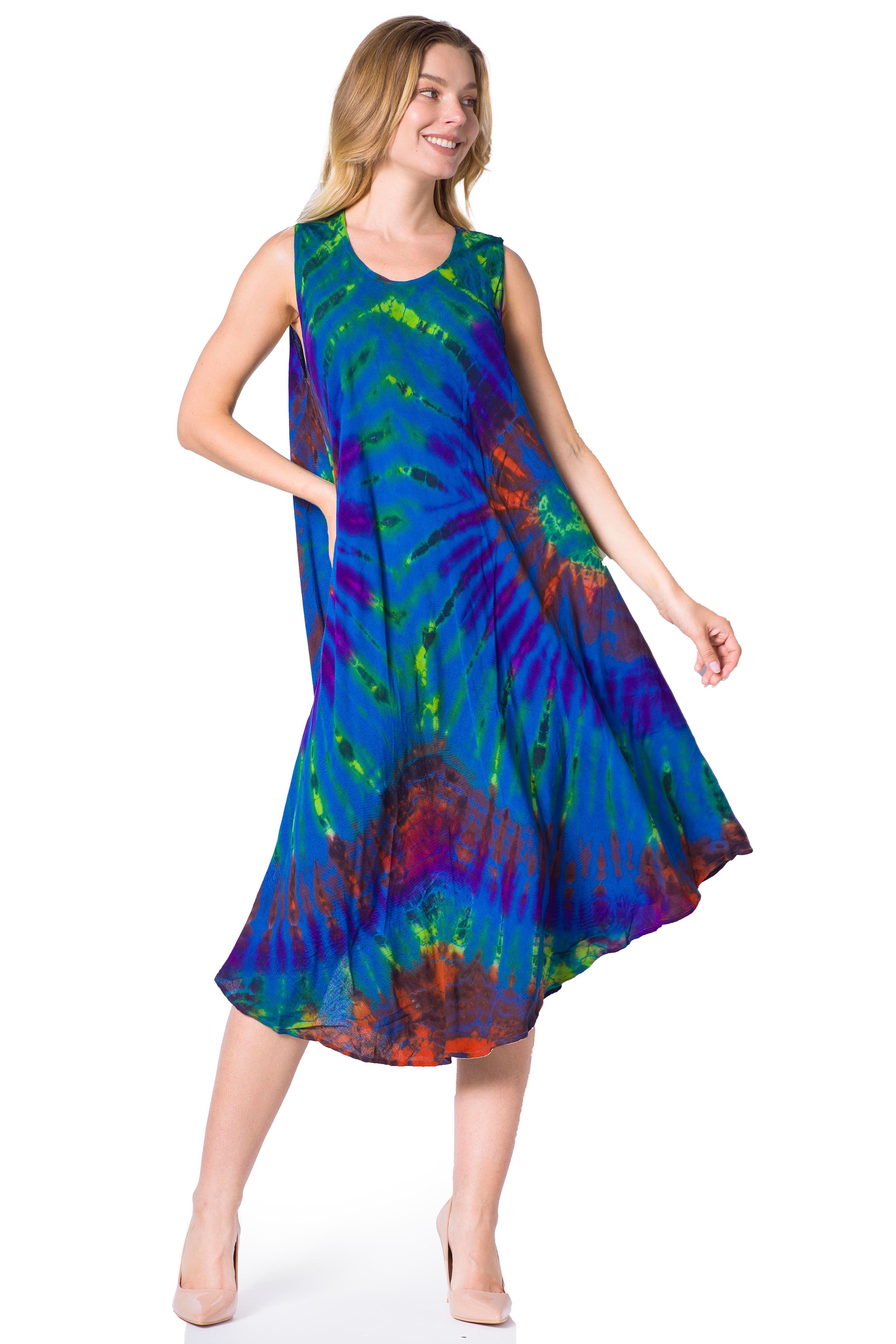 Woman wearing a colorful tie-dye dress on a white background