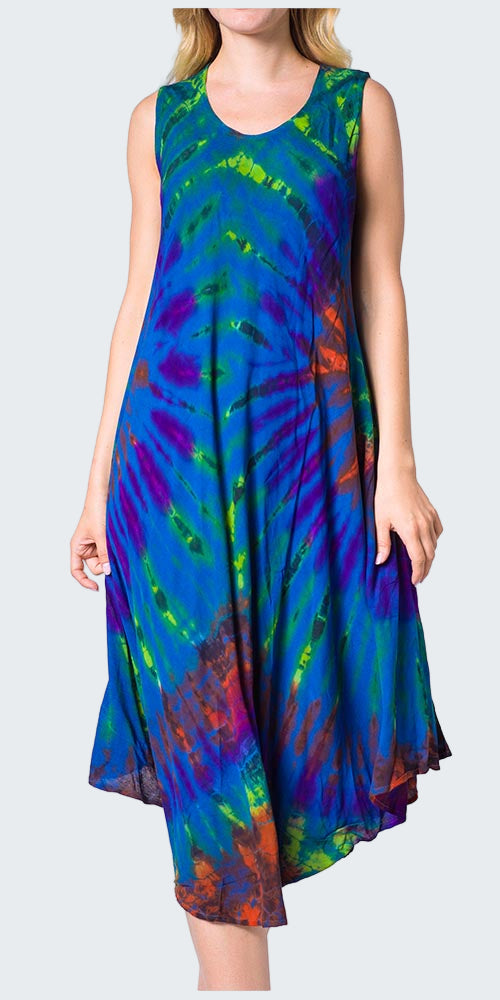 Woman wearing a colorful tie-dye dress on a white background