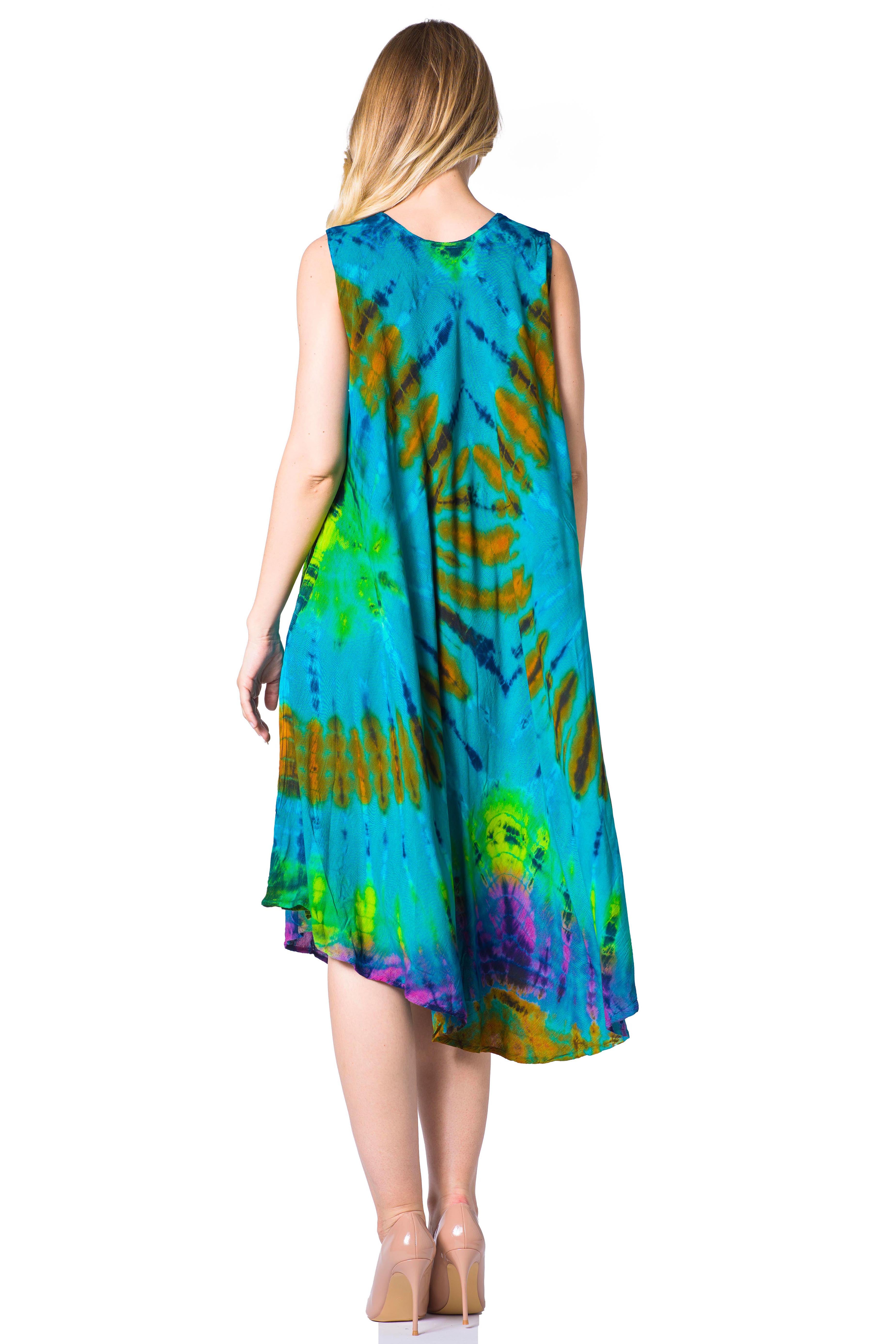 Woman wearing a tie-dye dress on a white background