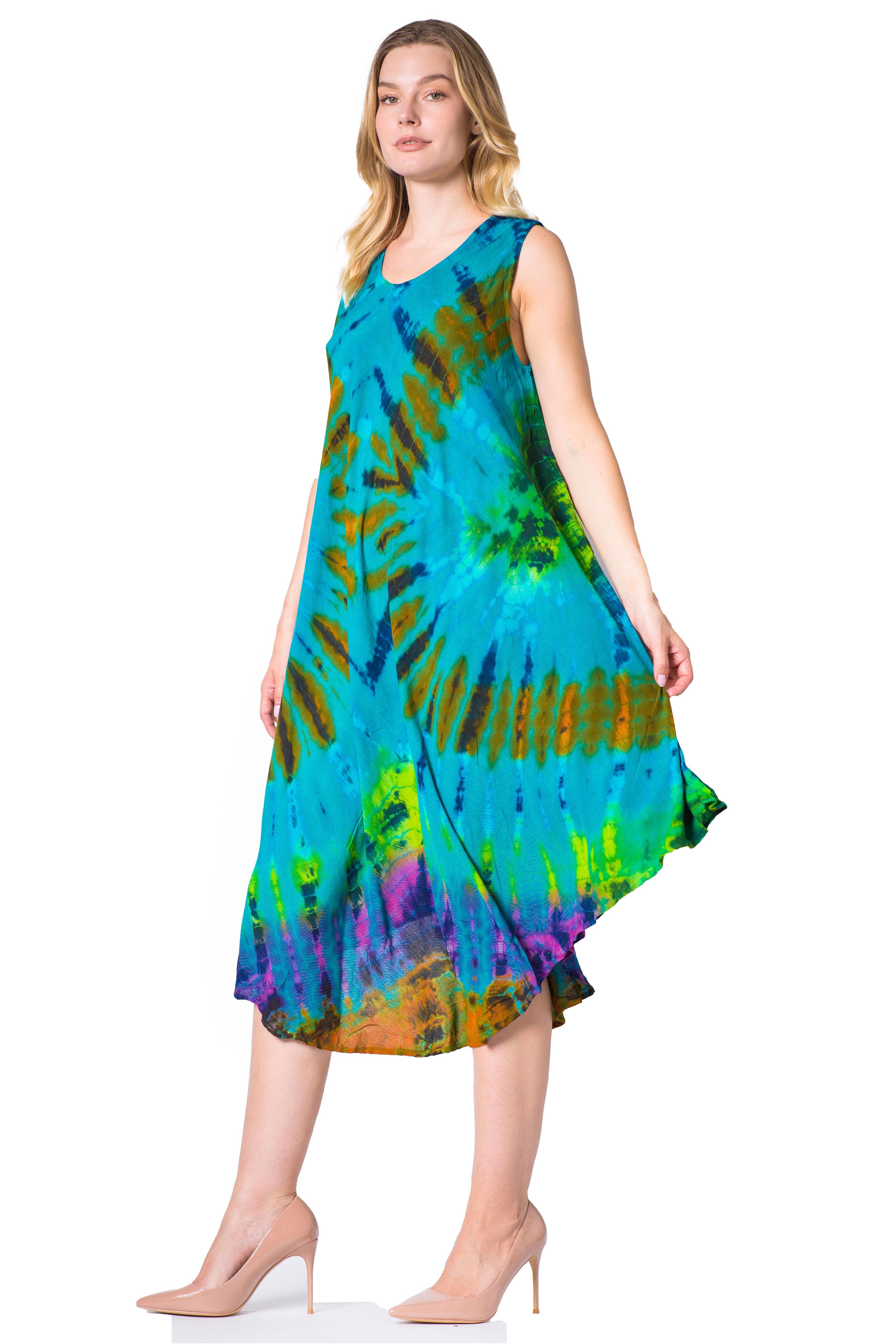Woman wearing a colorful tie-dye dress on a white background