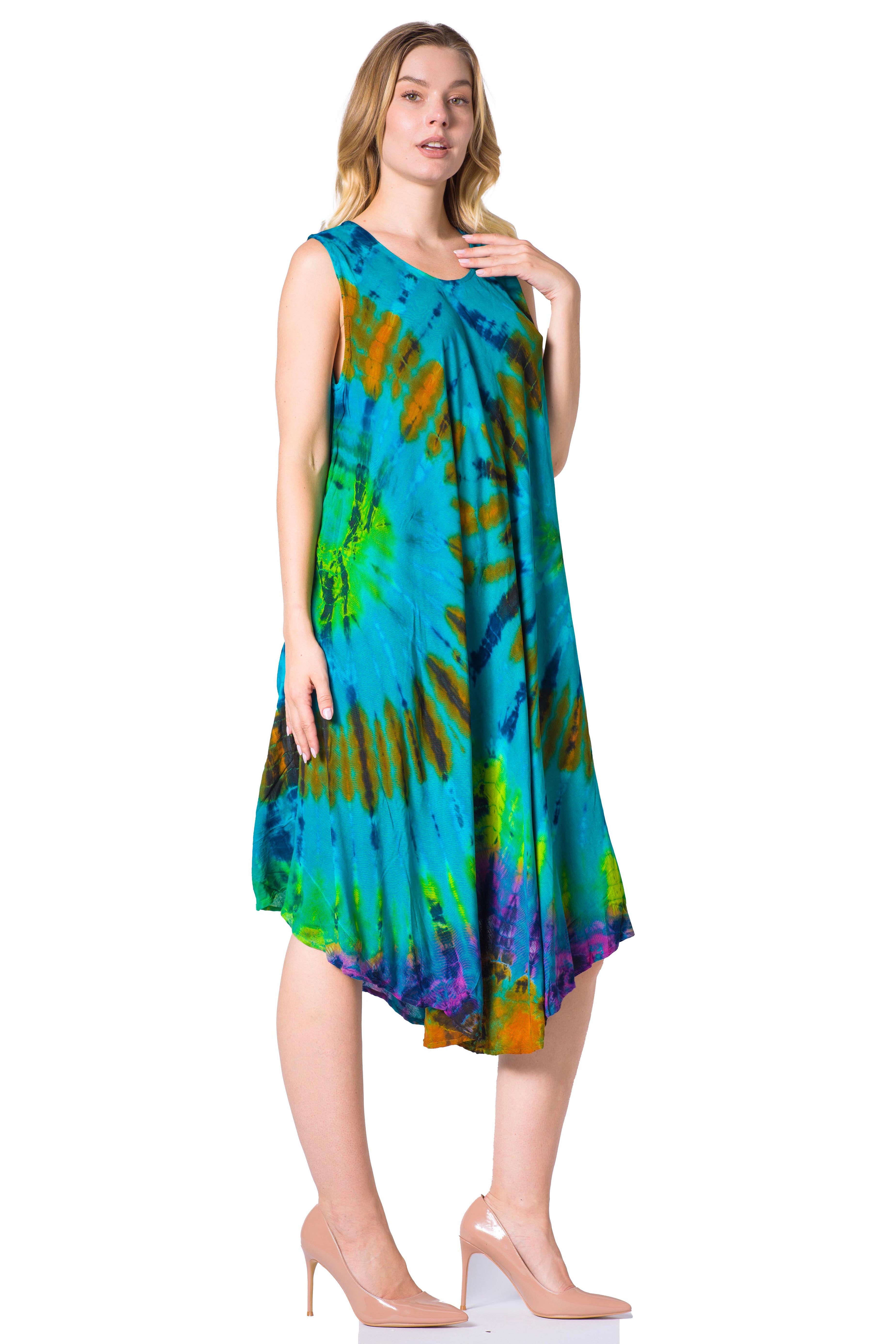 Woman wearing a colorful tie-dye dress on a white background