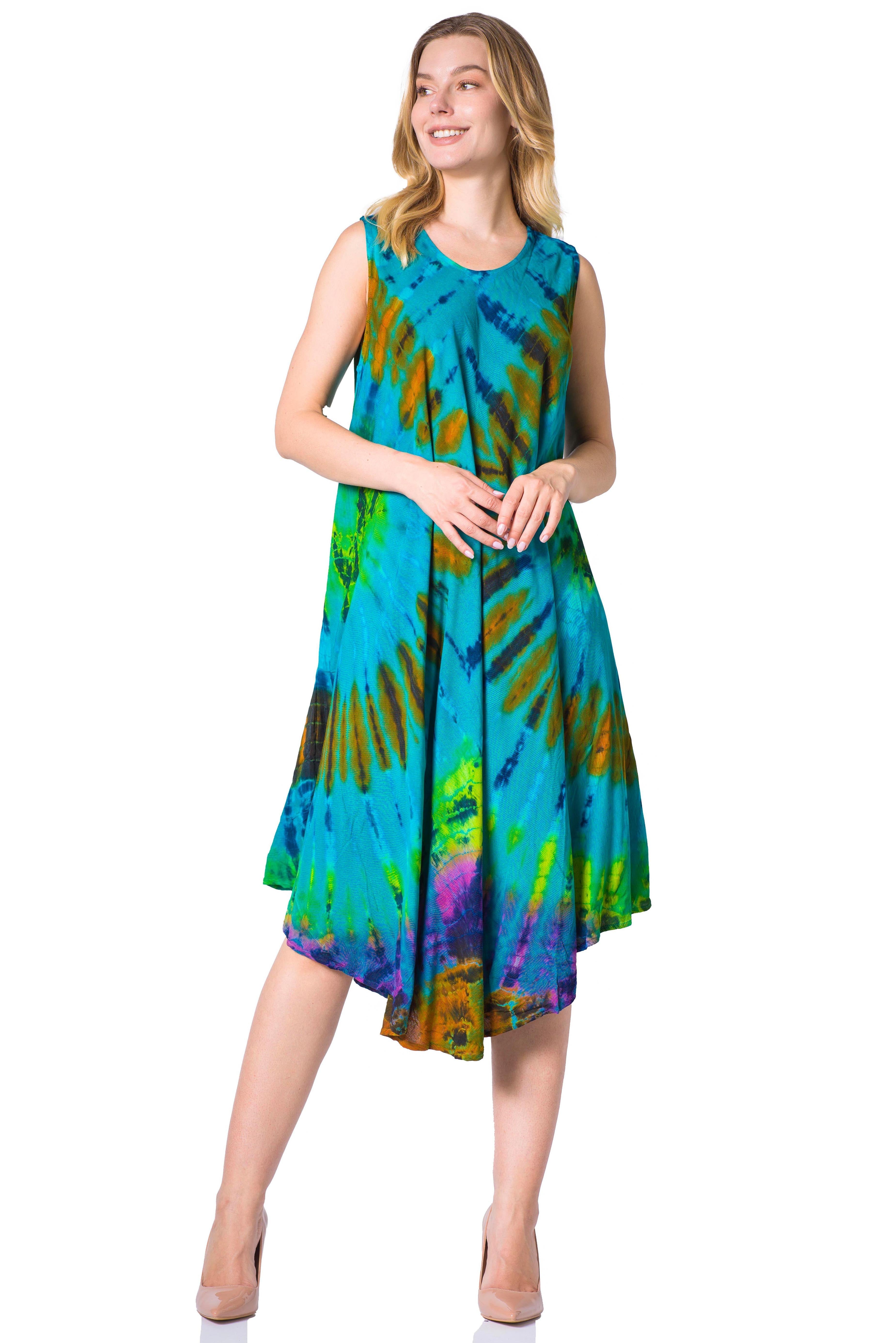 Woman wearing a colorful tie-dye dress on a white background
