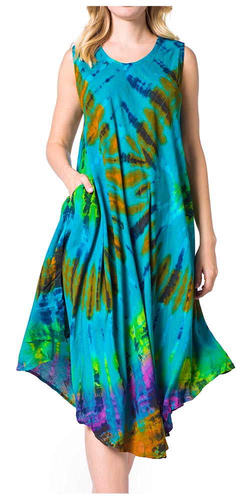 Woman wearing a colorful tie-dye dress on a white background